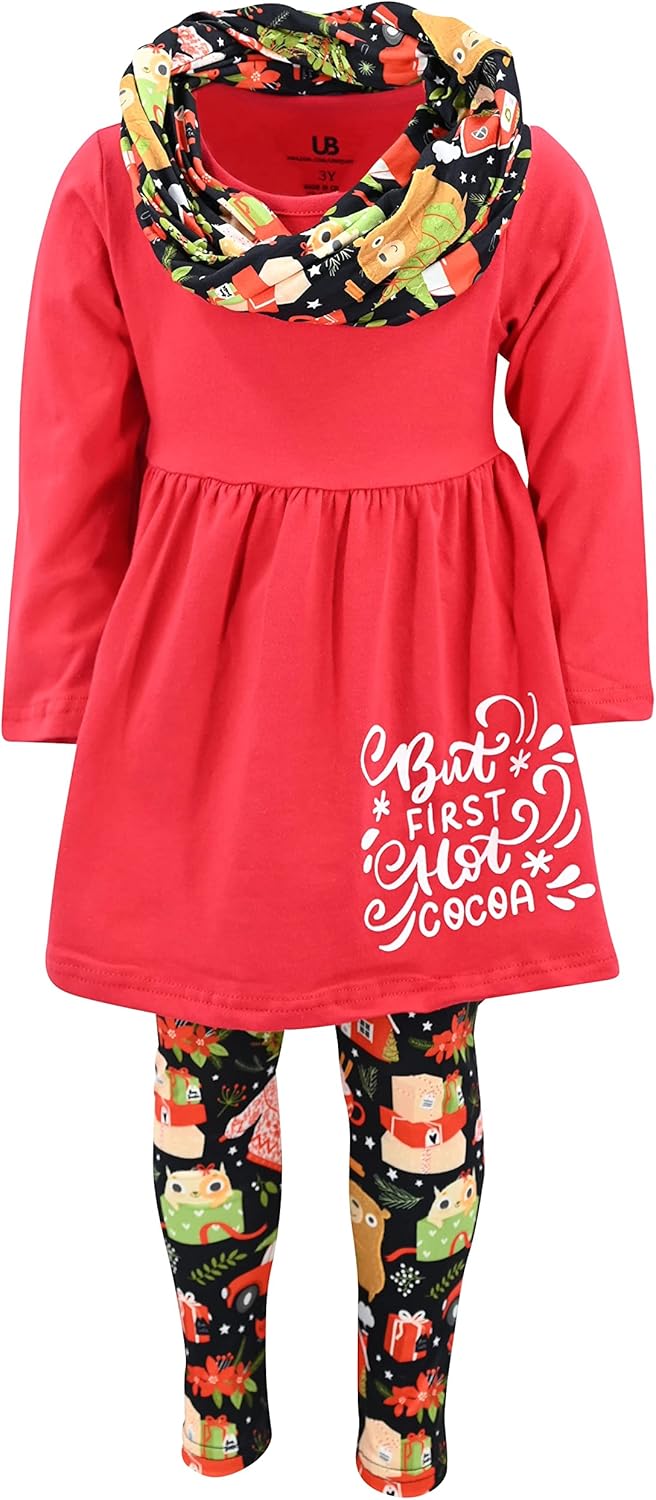 Unique Baby Girls Kids Toddler 3pc Outfit Set Long Sleeve Cotton Blend Tunic Top Leggings and Scarf