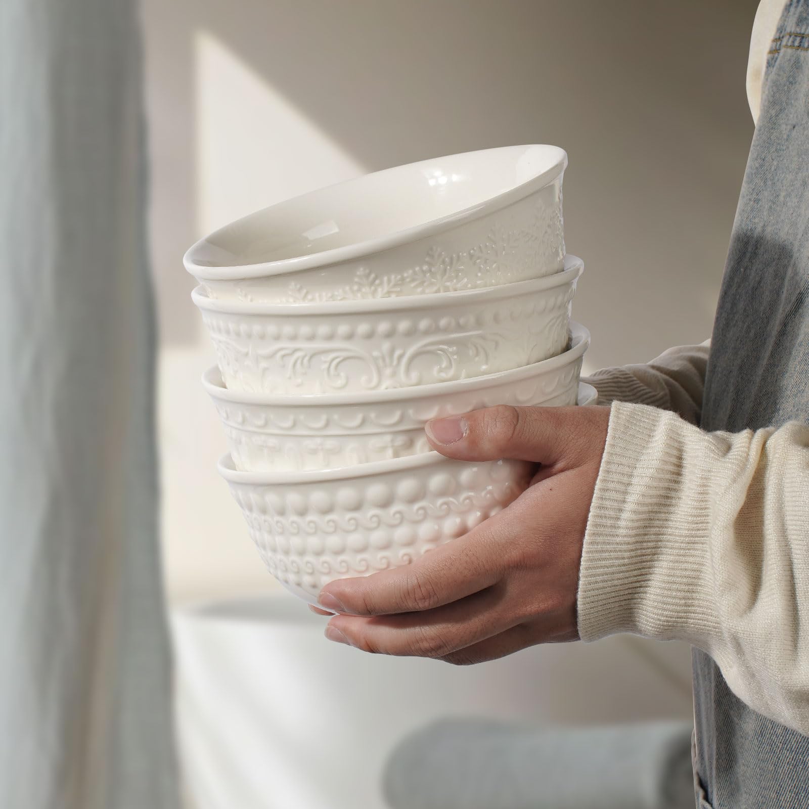 Large Salad Bowls Set of 4, 60oz White Serving Bowls Deep Deep Embossed Ceramic Mixing Bowl for Soup Kitchen, Eating, Ramen, Pasta, Dishwasher & Microwave Safe 8 inch (Multiple Patterns)