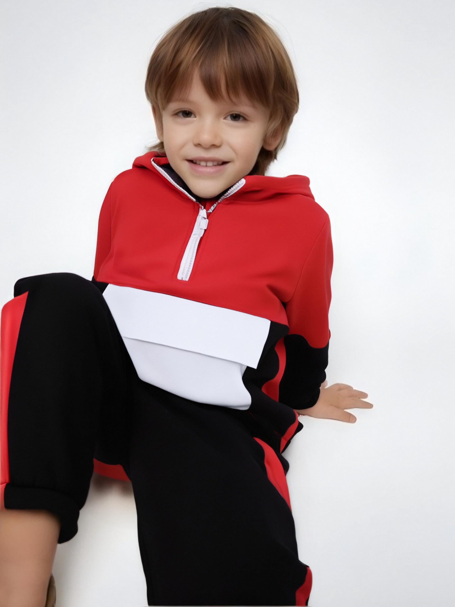 Boys Clothes Kids Little Boy Color Block Half Zip Hoodie & Jogger Pants Outfit Set,4-12 Years