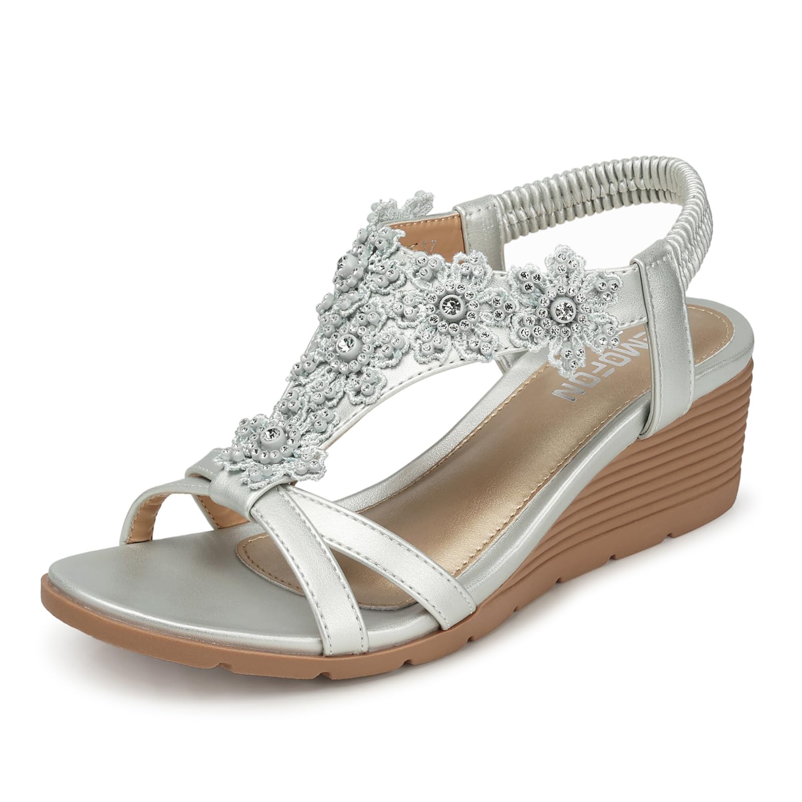 TEMOFON Women's Low Wedge Heels Summer Dressy Platform Sandals Elastic Ankle Strap Open Toe Flower Shoes