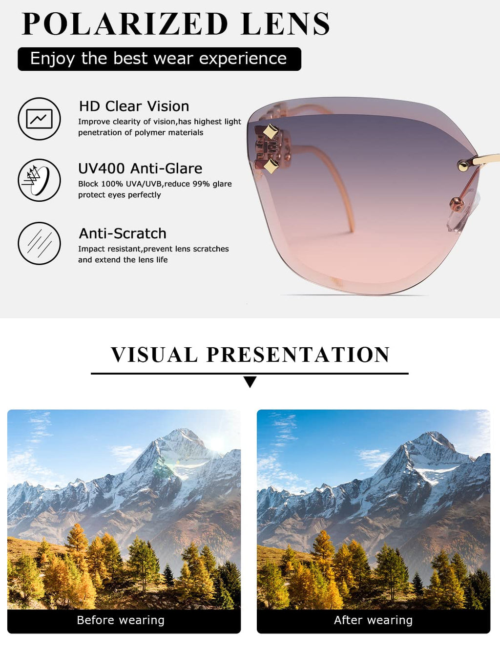 AEVOGUE Sunglasses For Women Oversized Rimless Diamond Cutting Lens Sun Glasses AE0534