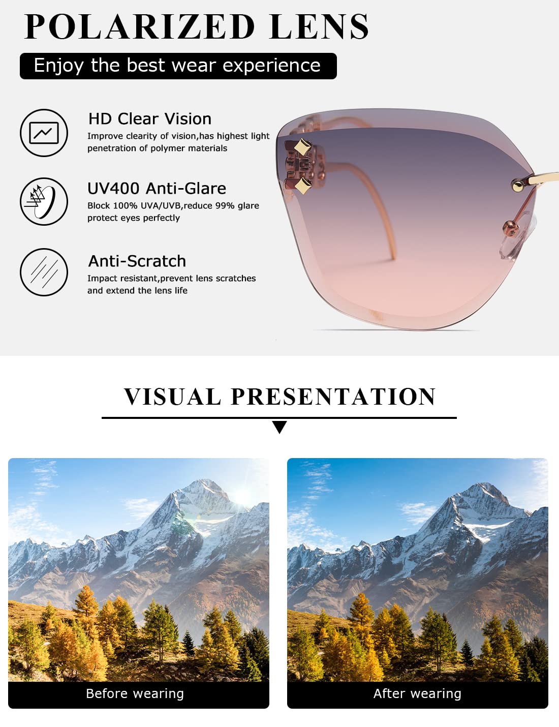 AEVOGUE Sunglasses For Women Oversized Rimless Diamond Cutting Lens Sun Glasses AE0534