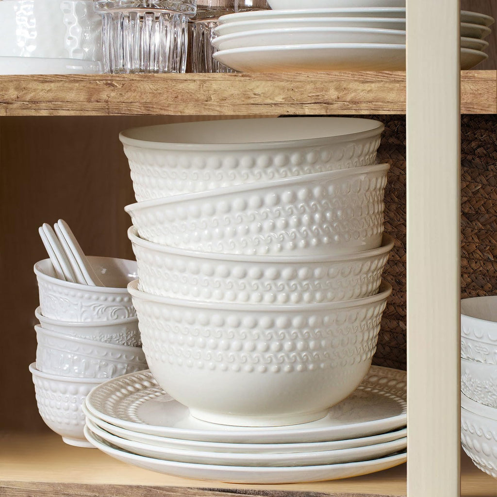 Large Salad Bowls Set of 4, 60oz White Serving Bowls Deep Deep Embossed Ceramic Mixing Bowl for Soup Kitchen, Eating, Ramen, Pasta, Dishwasher & Microwave Safe 8 inch (Multiple Patterns)