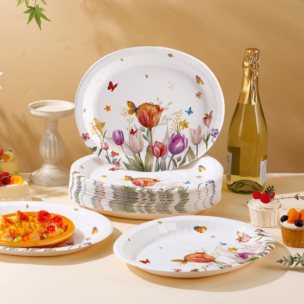 50 Pack Oval Thanksgiving Plates 12 x 10 Inch Thanksgiving Paper Plates Heavy Duty - Large Disposable Dinner Platters,Turkey Pumpkin Autumn Fall Harvest Thanksgiving Party Decor