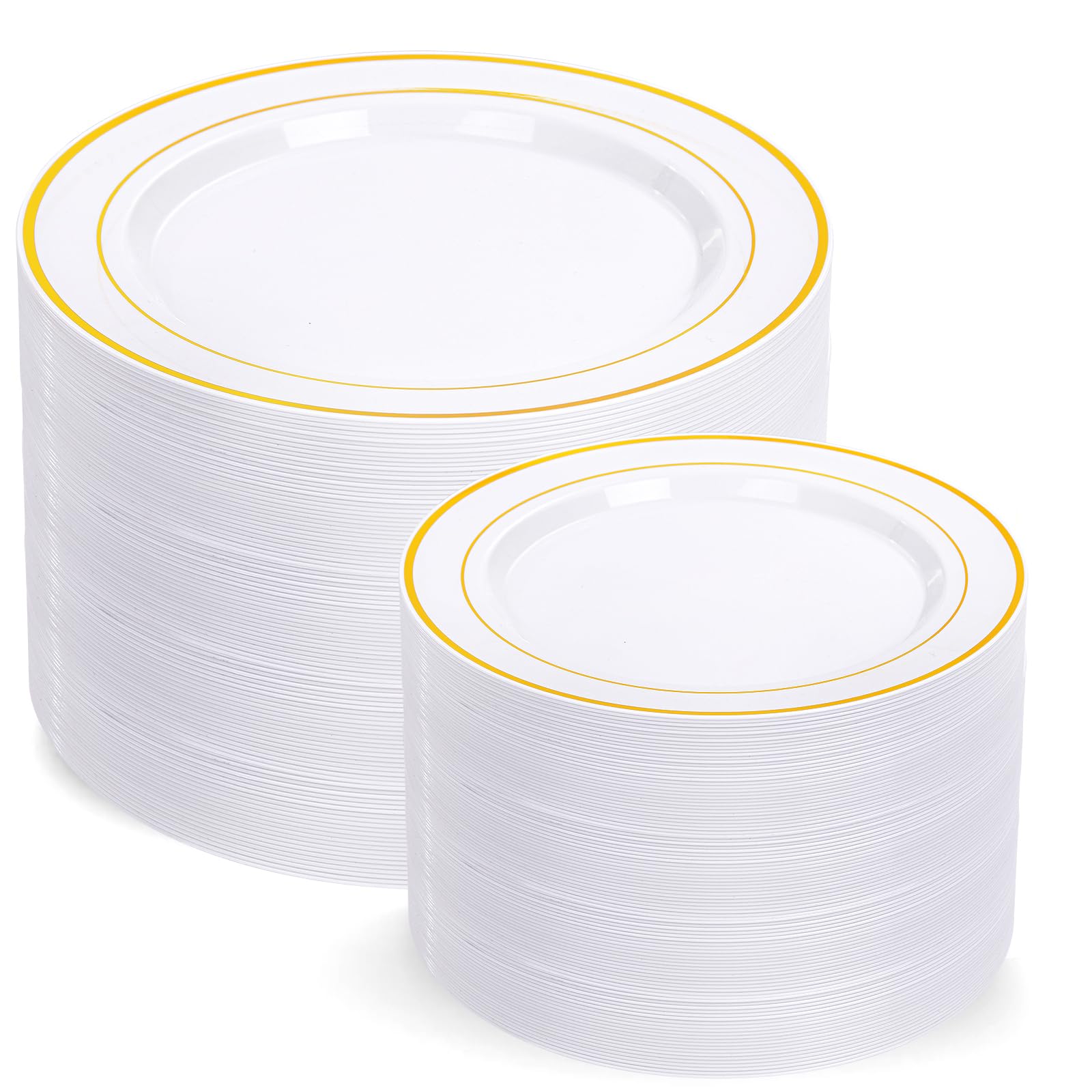I00000 102 Pieces Gold Plastic Plates, Disposable Party Plates White Gold Rim, 51 Disposable Gold Dinner Plates 10.25 Inch and 51 Disposable Dessert Appetizer Elegant Fancy Wedding Plates 7.5 Inch