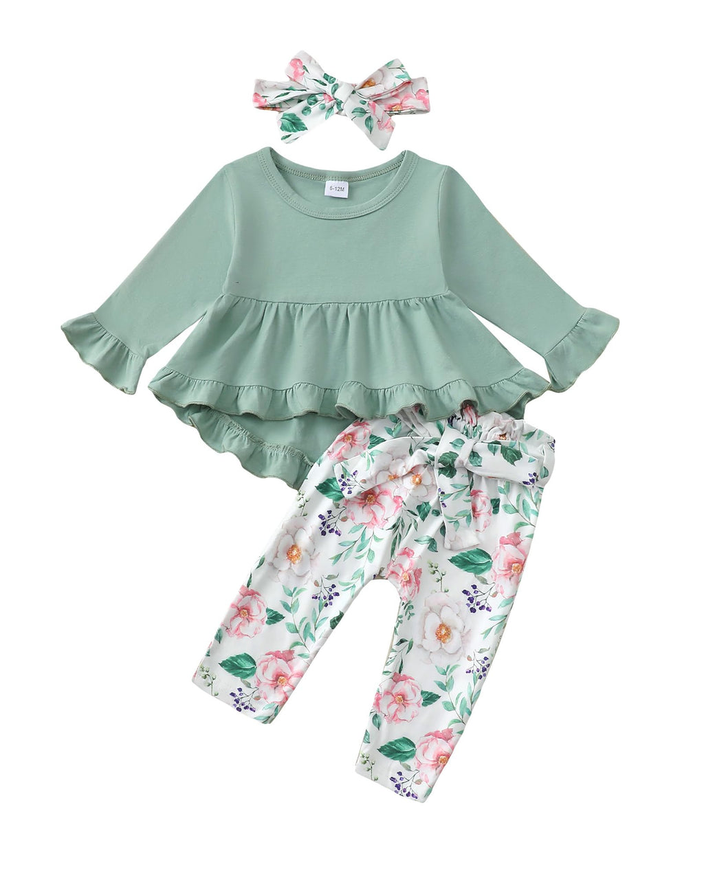 Kucnuzki Baby Girl Clothes Toddler Girl Outfit Ruffle Sleeve Shirt Floral Pant Set Fall Winter Clothing for Girl