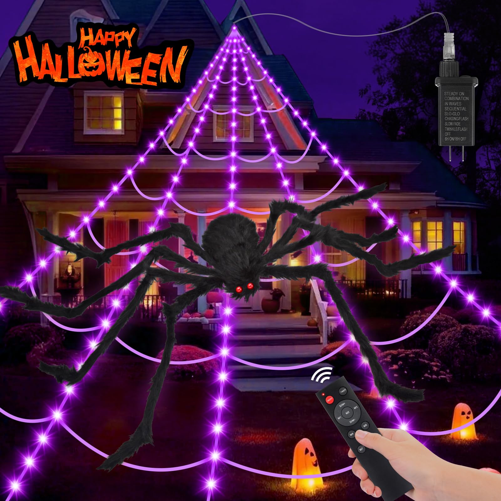 200" Halloween Spider Web + 59" Giant Spider Decorations Fake Spiders with Triangular Huge Spiders Web for Indoor Outdoor Halloween Decorations Yard Home Costumes Parties Haunted House Décor