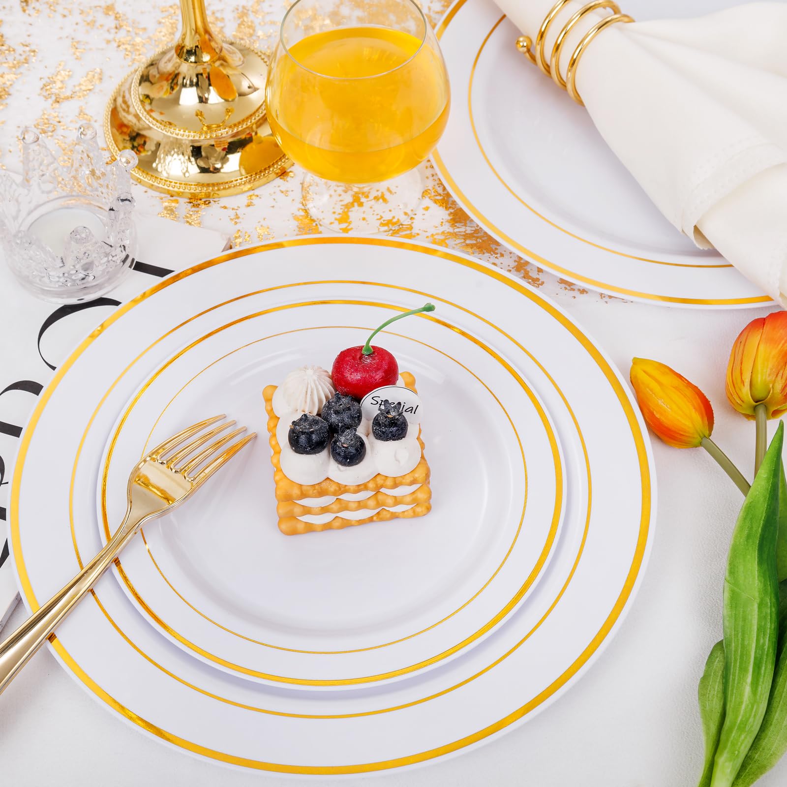 I00000 102 Pieces Gold Plastic Plates, Disposable Party Plates White Gold Rim, 51 Disposable Gold Dinner Plates 10.25 Inch and 51 Disposable Dessert Appetizer Elegant Fancy Wedding Plates 7.5 Inch