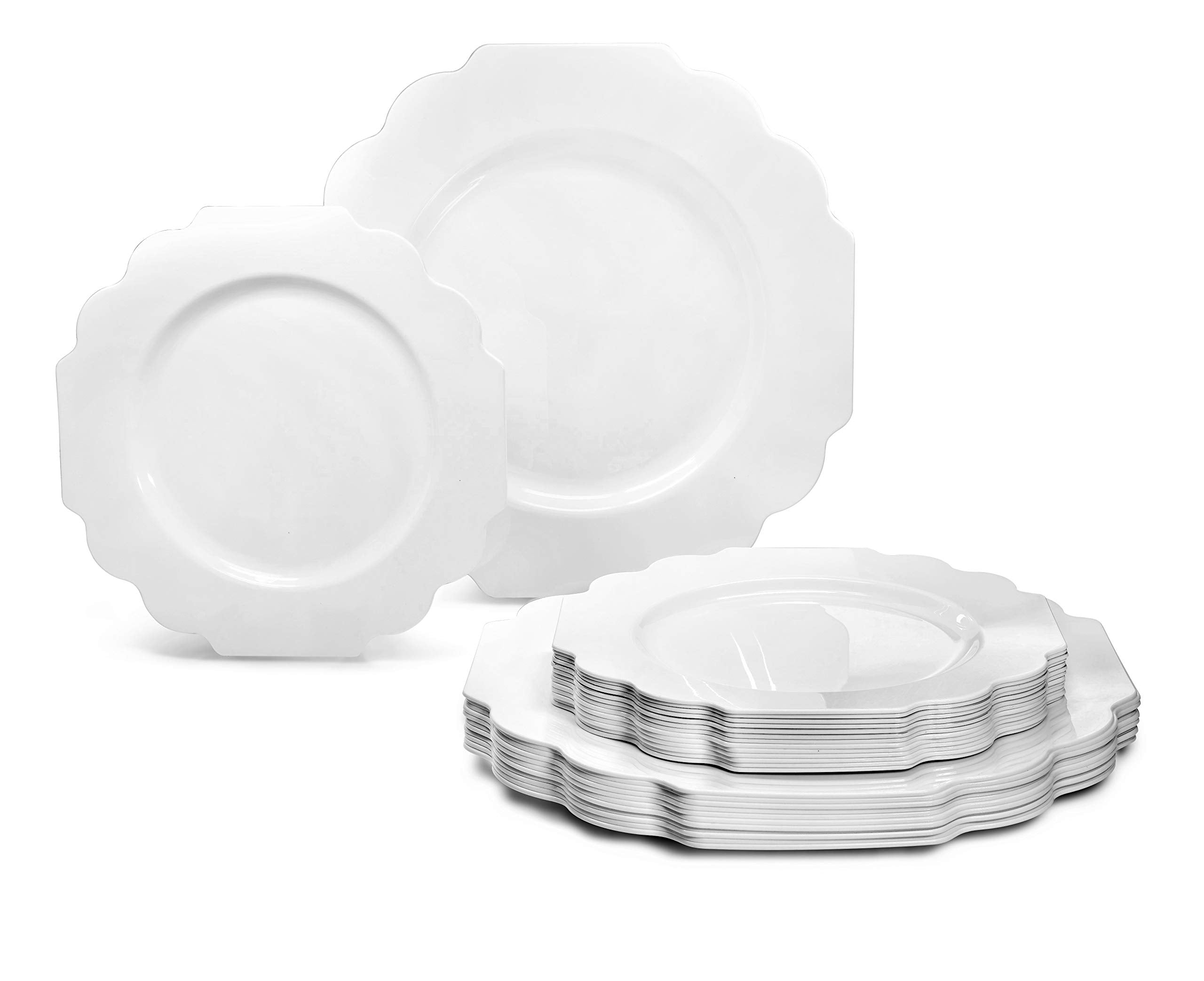 " OCCASIONS " 50 Plates Pack (25 Guests)-Heavyweight Wedding Party Disposable Plastic Plate Set -(25x10.5'' Dinner + 25x8'' Salad/Dessert) (Imperial White & Gold)
