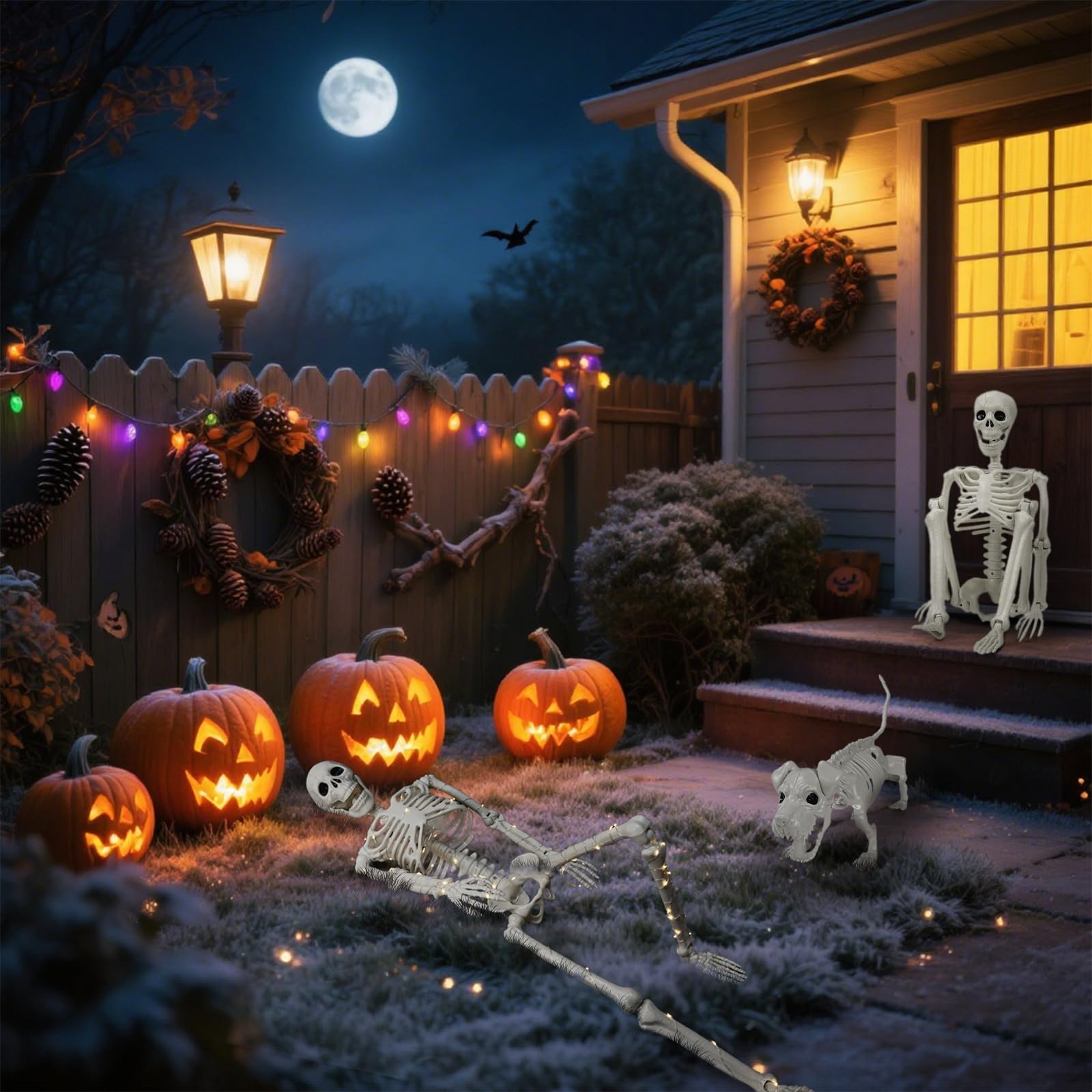 Lighted Human & Dog Skeleton Halloween Decorations Outdoor/Indoor - 36 Inch Realistic Full Body Movable Posable Skeleton Spooky Halloween Decor for Garden Yard Porch Indoor Party Haunted Graveyard