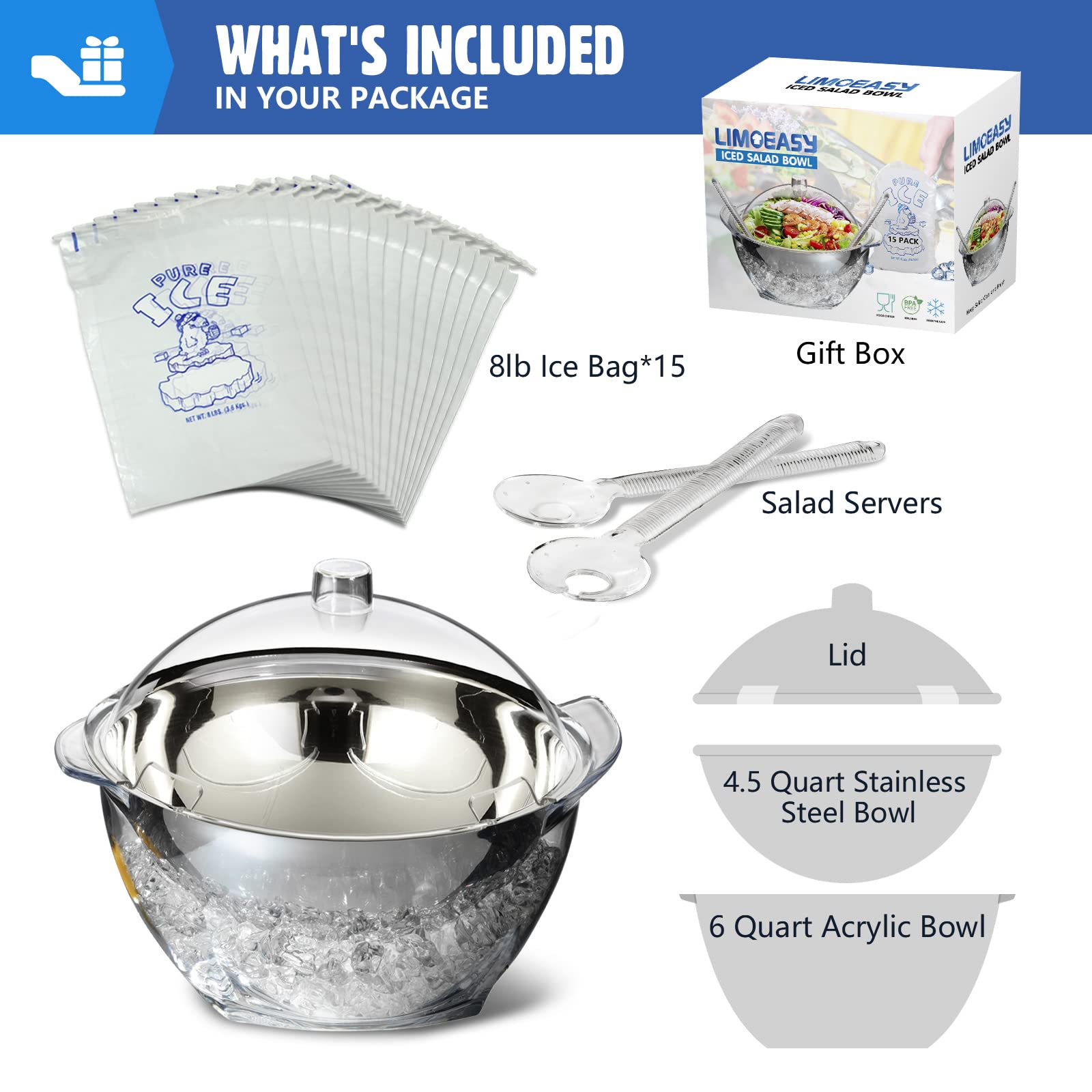 LIMOEASY Chilled Veggie Tray, 15 Inch Clear Party Platter with 4 Compartments, Ice Serving Bowl with Lid, Cold Food Buffet Server for Fruit, Vegetable, Appetizer, Shrimp