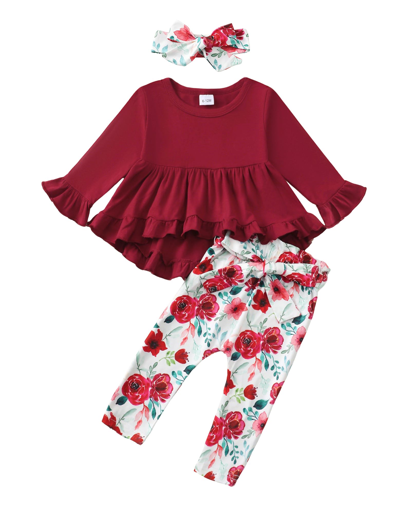 Kucnuzki Baby Girl Clothes Toddler Girl Outfit Ruffle Sleeve Shirt Floral Pant Set Fall Winter Clothing for Girl