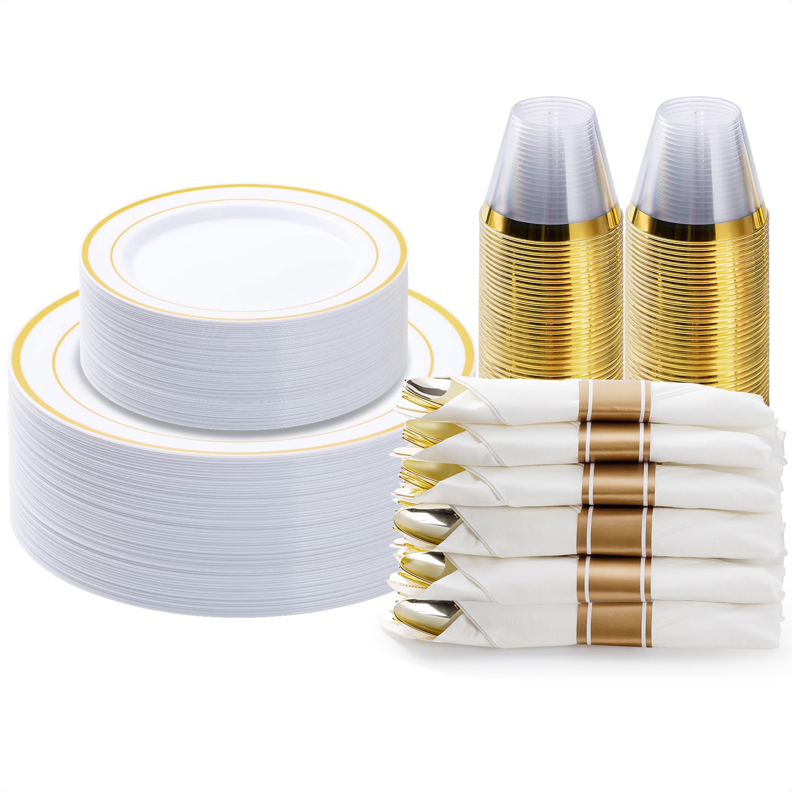 350PCS Gold Plastic Dinnerware Set, Disposable Party Plates for 50 Guests, Include: 100 Plastic Plates, 50 Pre Rolled Napkins with Gold Silverware, 50 Cups