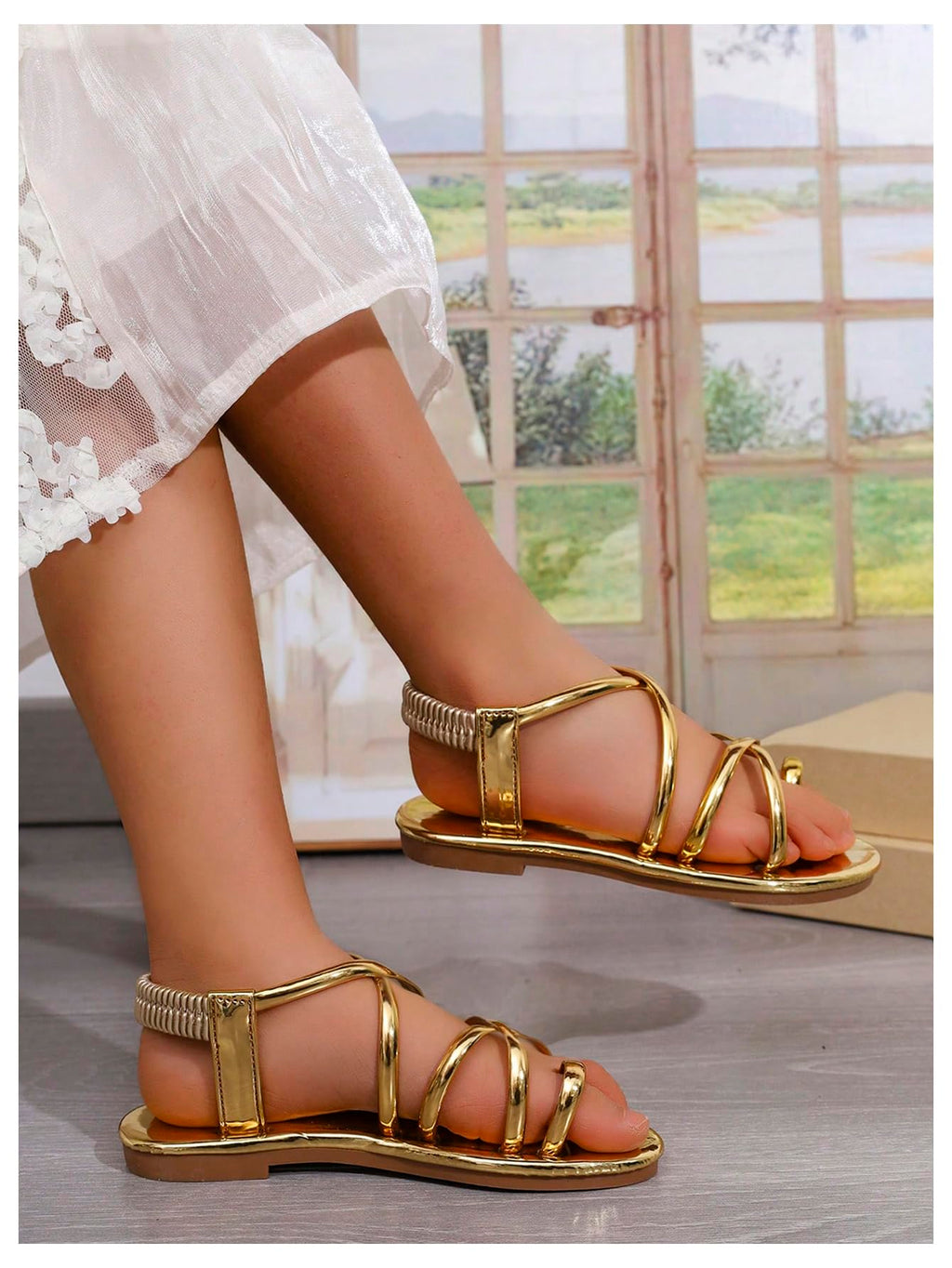 GORGLITTER Girl's Metallic Strappy Flat Sandals Dressy Toe Ring Ankle Strap Cute Slio on Shoes