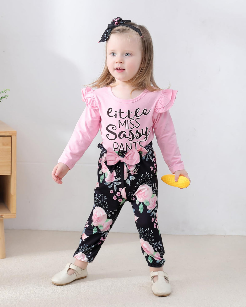 YALLET 3Pcs Toddler Girl Clothes Solid Color Long Sleeves Ruffle Top+Floral Pants+Headband 1-6 Years Fall/Winter Outfits Set