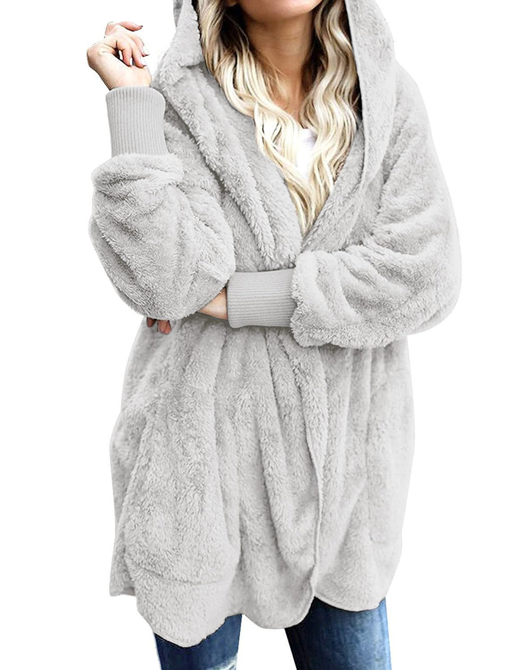 CHICGAL Womens Fuzzy Jacket Hooded Cardigan Open Front Sherpa Coat Outwear with Pockets