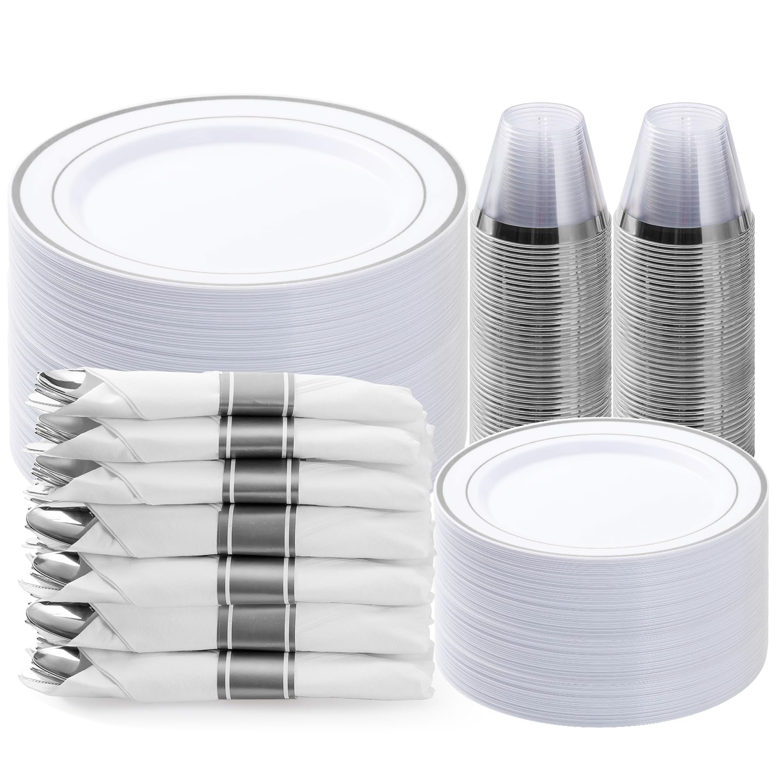 350PCS Gold Plastic Dinnerware Set, Disposable Party Plates for 50 Guests, Include: 100 Plastic Plates, 50 Pre Rolled Napkins with Gold Silverware, 50 Cups