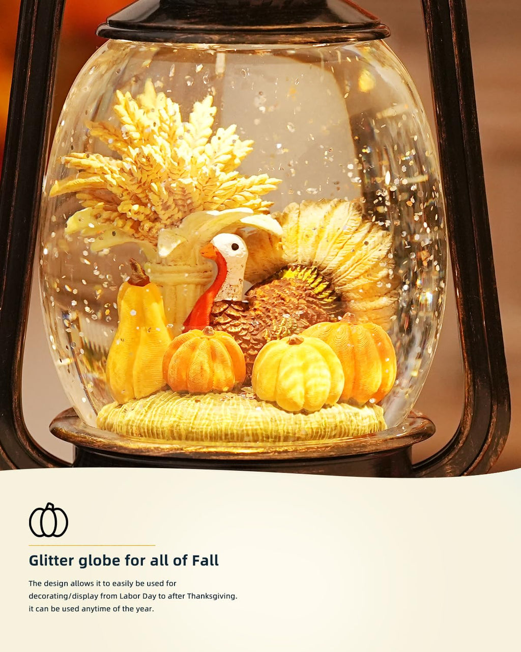 Fall Decor Snow Globe Thanksgiving Decoration Turkey Lantern Light-Up 6H Timer Halloween Pumpkin Glitter Autumn Scene Snow Globes Fall Decoration for Home