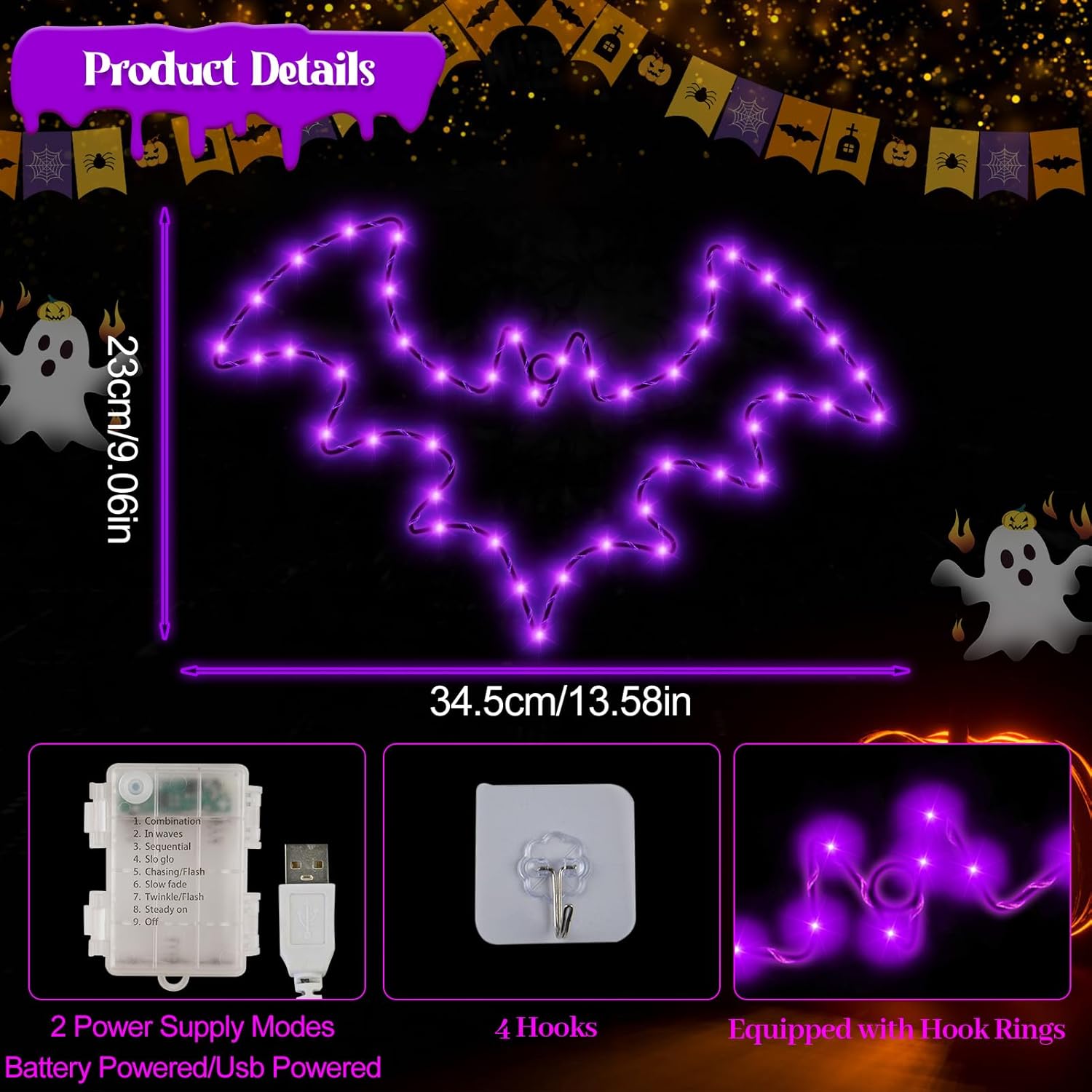 Halloween Decorations, 2 Pack Bat Window Lights, 8 Modes Battery Operated Halloween Lights with Timer, Waterproof Window Silhouette Light for Indoor Window Door Yard Party Decor