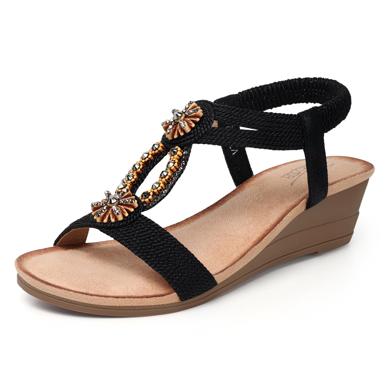 SHIBEVER Womens Wedge Sandals Flower Low Heel Dressy Sandals Elastic Ankle Strap Rhinestone Summer Comfortable Shoe