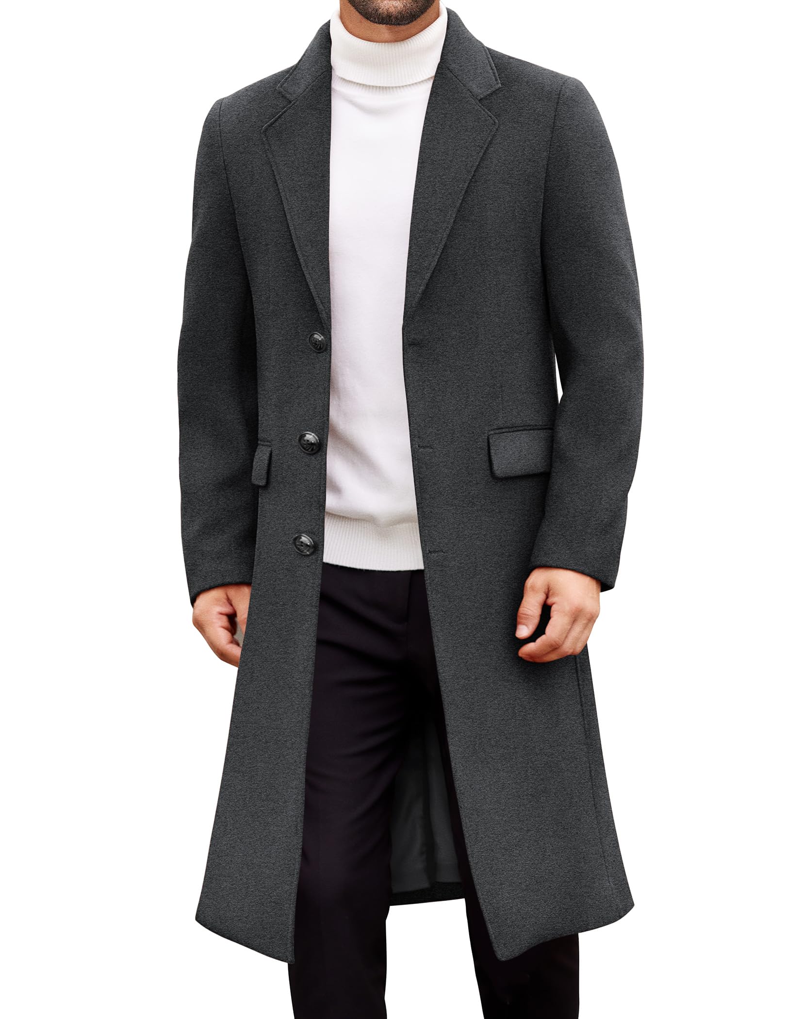 COOFANDY Mens Trench Coat Long Casual Single Brested Overcoat Winter Notched Collar Wool Blend Pea coat With Pockets