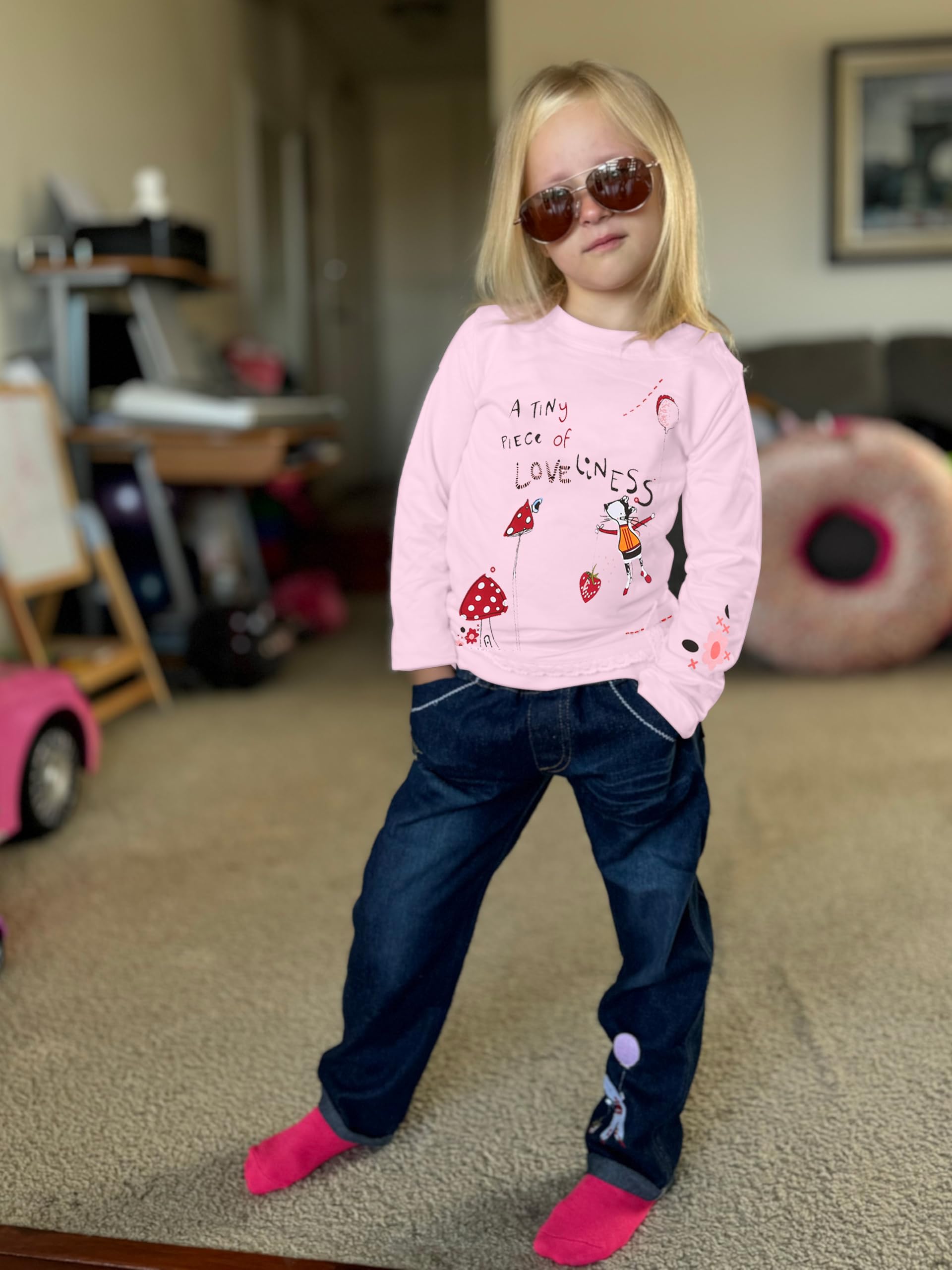 LUKYCILD Toddler Girl Clothes Baby Girl Long Sleeve Top + Jeans Pants with Pockets 2 Piece Outfit Cartoon Clothing Set