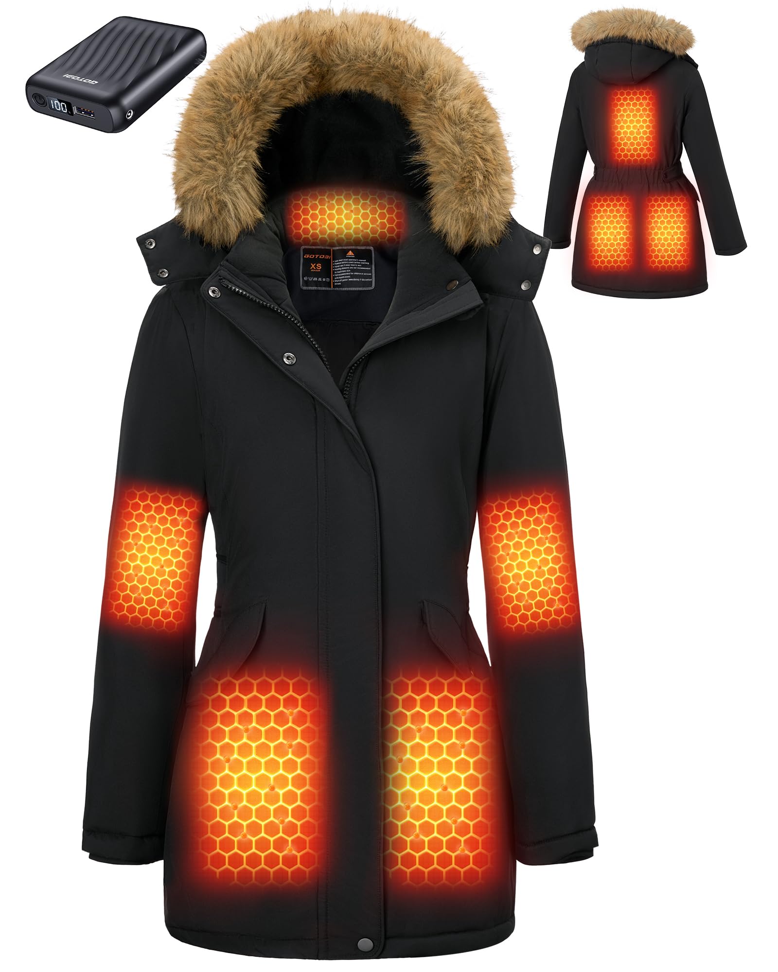 Graphene Long Heated Jacket for Women with 18400mAh 12V Battery Pack, Womens Parka Coat with Faux Fur Detachable Hood