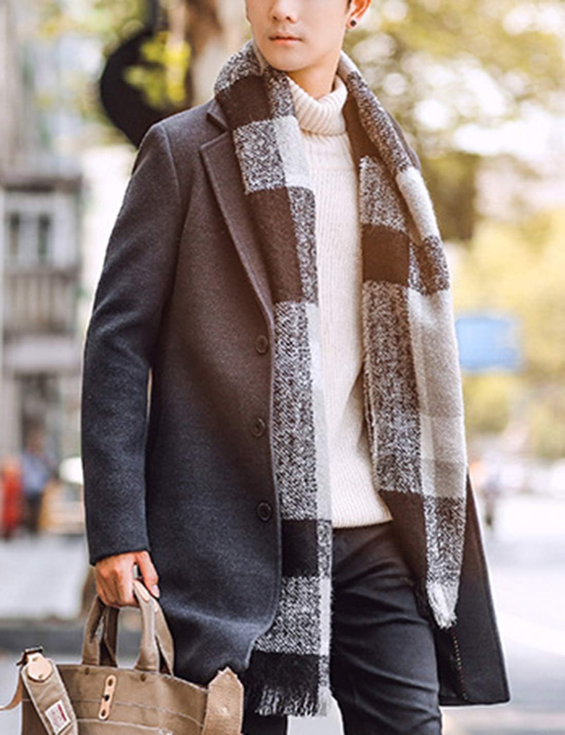 Springrain Men's Wool Blend Pea Coat Notched Collar Single Breasted Overcoat Warm Winter Trench Coat