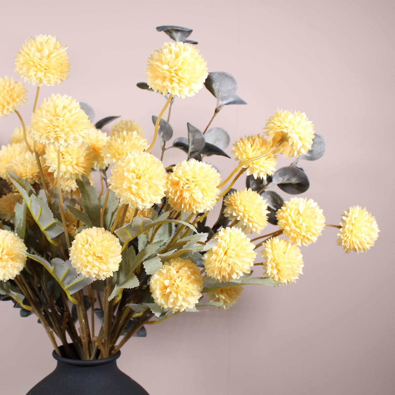 Fall Flowers, Burnt Orange Faux Kiku Flowers Artificial 10 Stems + Eucalyptus, Fake Silk Mums Fall Floral Centerpiece, Autumn Decor, Terracotta Mini Balls Faux Stems For Vase, Decoración de Otoño