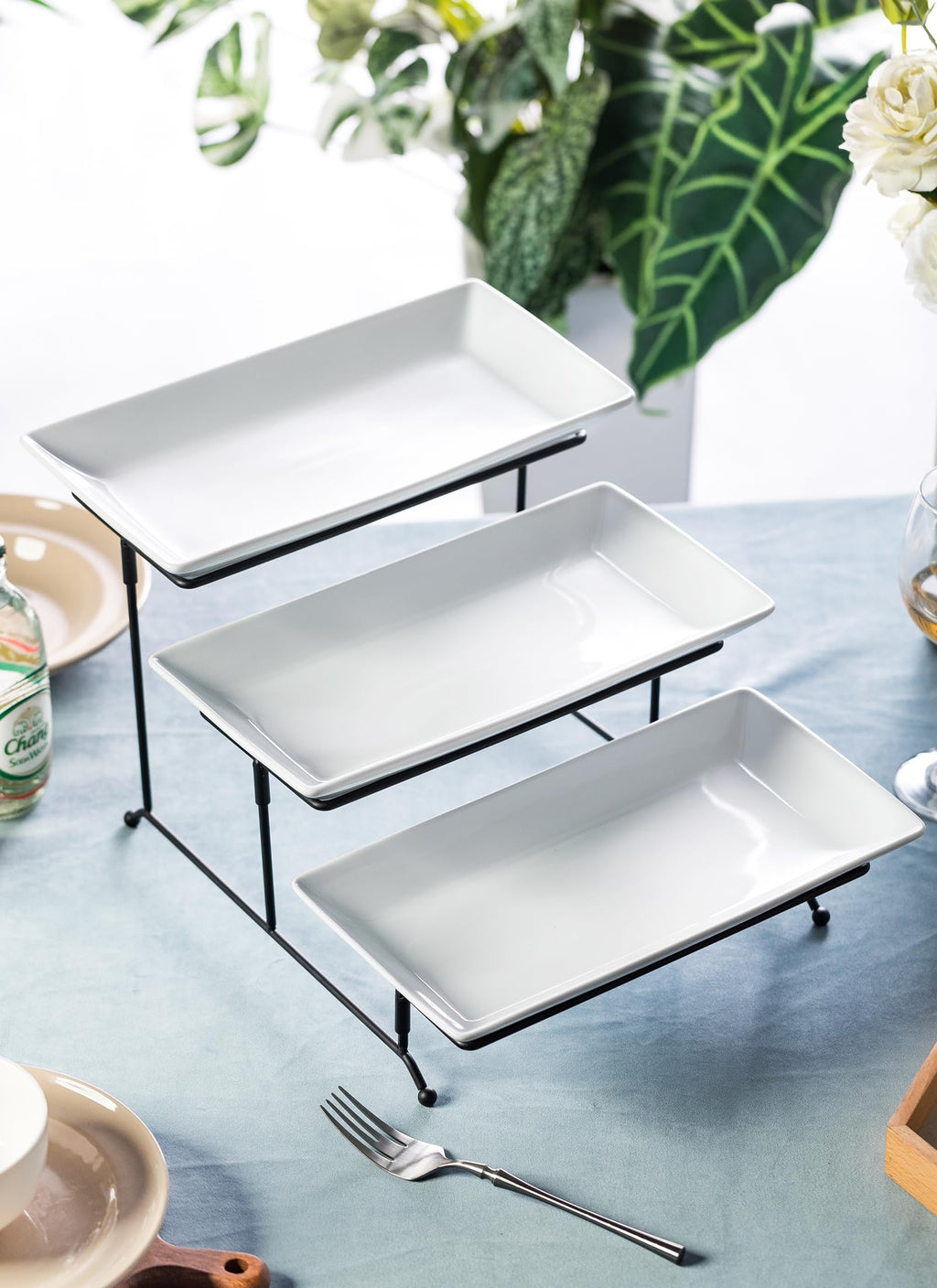 LYEOBOH 3 Tier Serving Bowls Set with Collapsible Thicker Metal Stand, Oval Serving Dishes for Entertaining Tiered Serving Stand for Fruit, Dessert, Candy, Chip and Dip (Black)