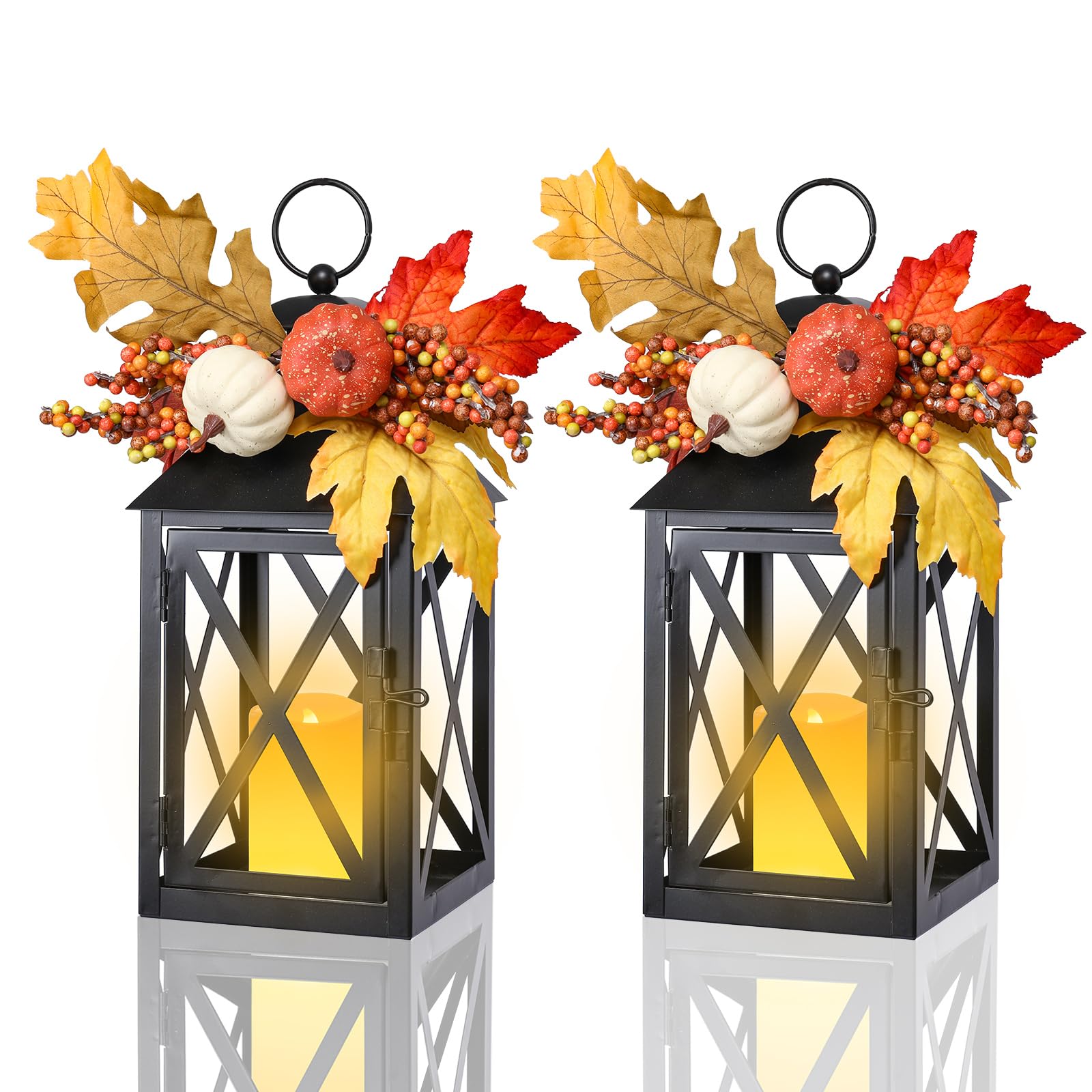 2 Pack Fall Lantern Decor with LED Candle – 12 Inch Harvest Pumpkin Maple Leaf Hanging Lantern for Autumn Thanksgiving Table Centerpiece Indoor Outdoor Decoration, Battery Operated