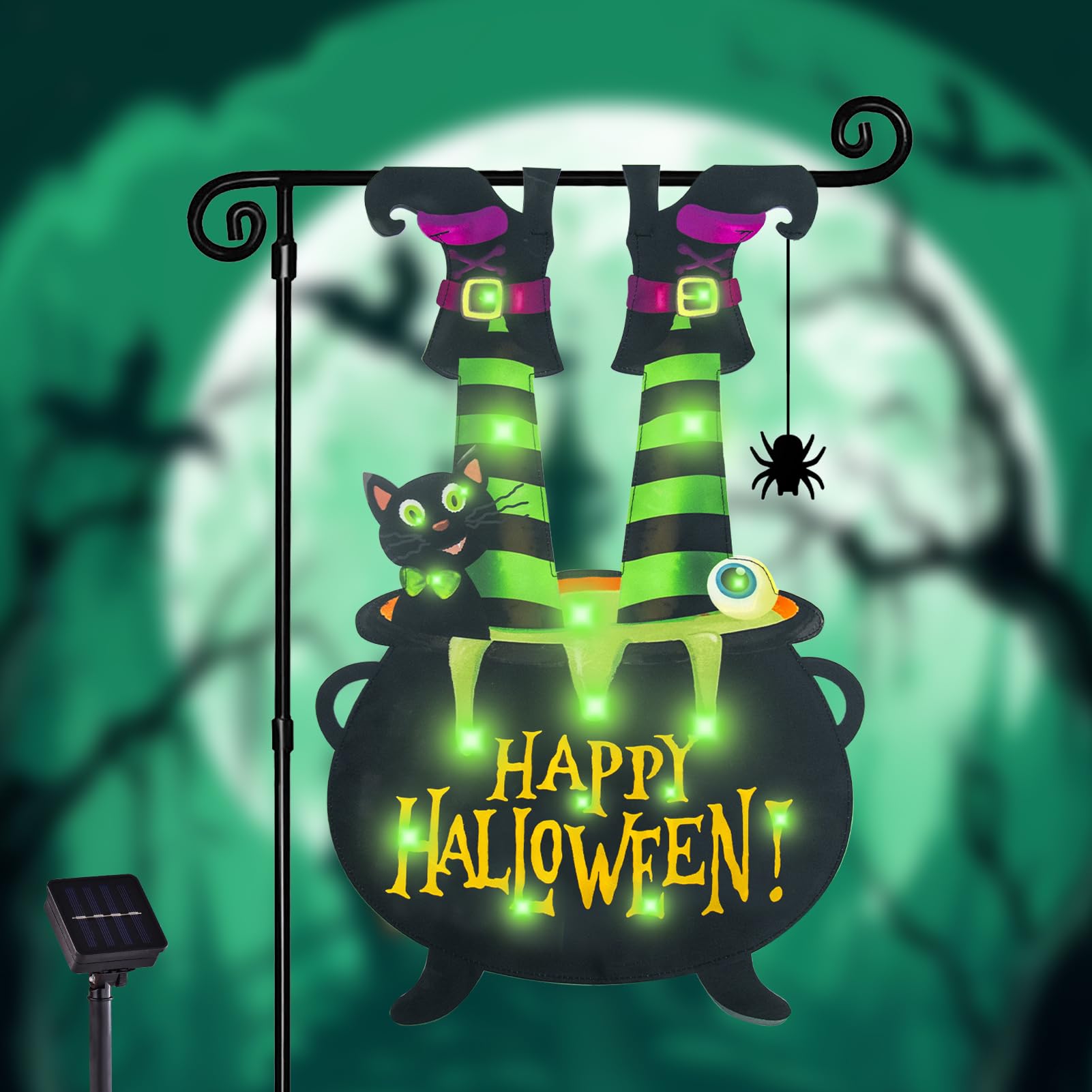 Halloween Lighted Garden Flag for Outside, Led Solar Yard Flag 8 Modes Witch Feet Shape Flag, 12x18 Double Sided Cauldron Eyeball Black Cat Decorations for Home Porch
