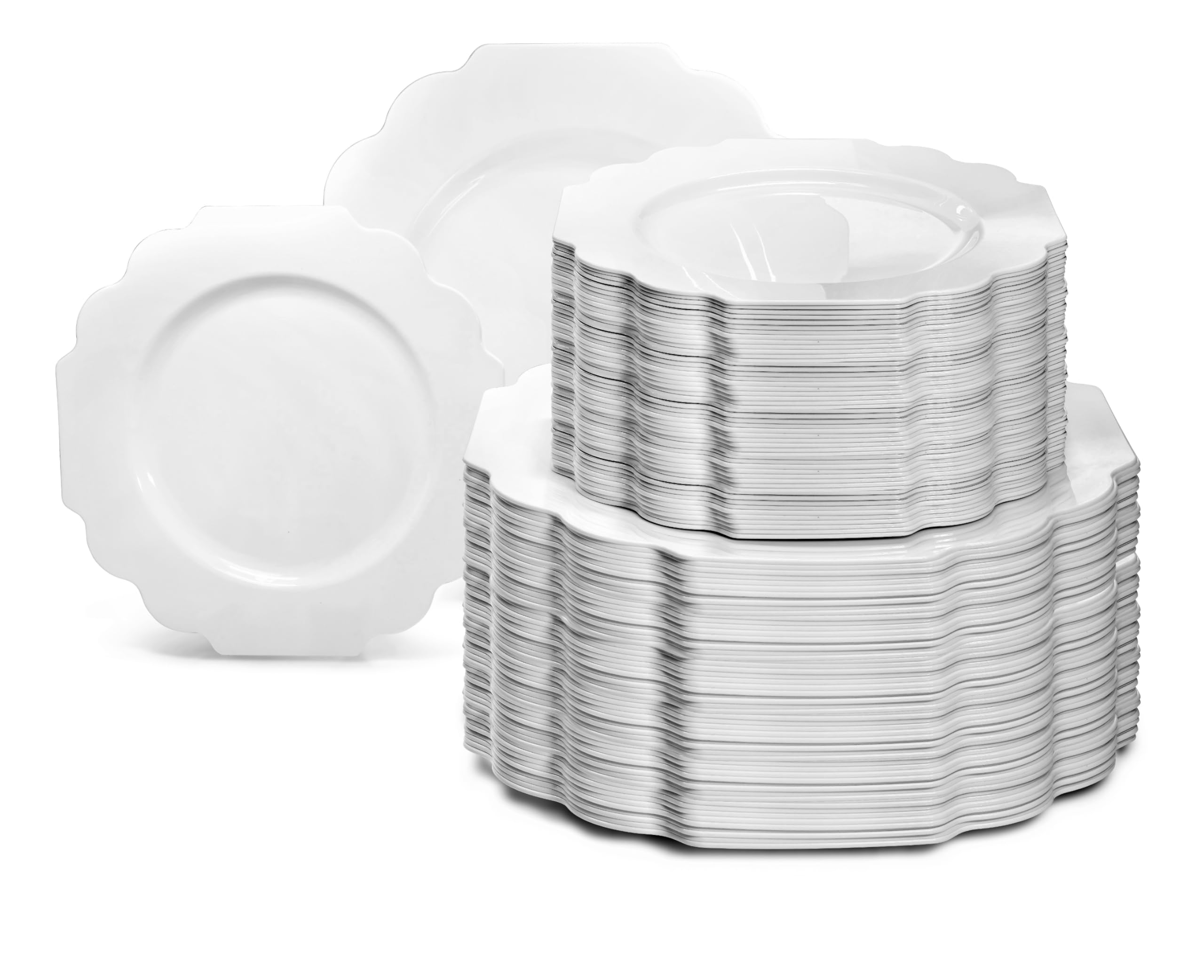 " OCCASIONS " 50 Plates Pack (25 Guests)-Heavyweight Wedding Party Disposable Plastic Plate Set -(25x10.5'' Dinner + 25x8'' Salad/Dessert) (Imperial White & Gold)