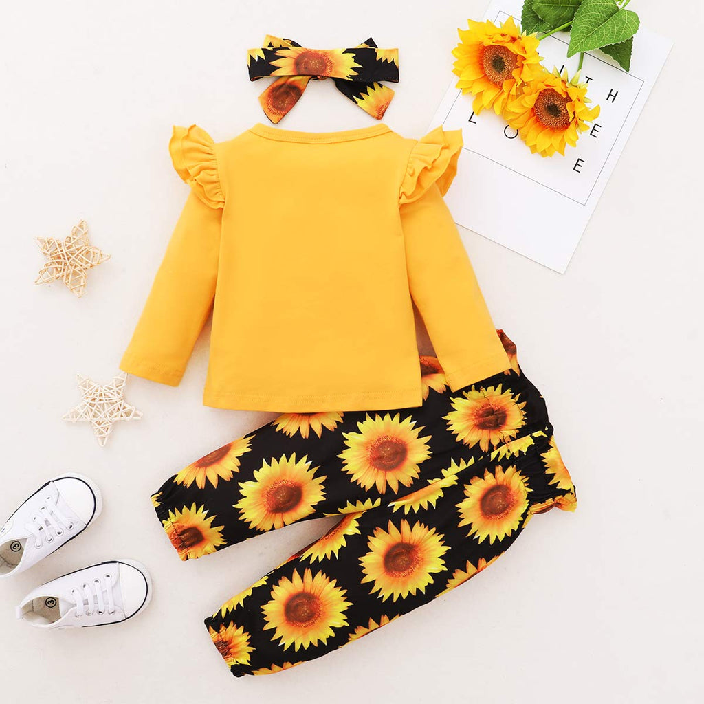YALLET 3Pcs Toddler Girl Clothes Solid Color Long Sleeves Ruffle Top+Floral Pants+Headband 1-6 Years Fall/Winter Outfits Set