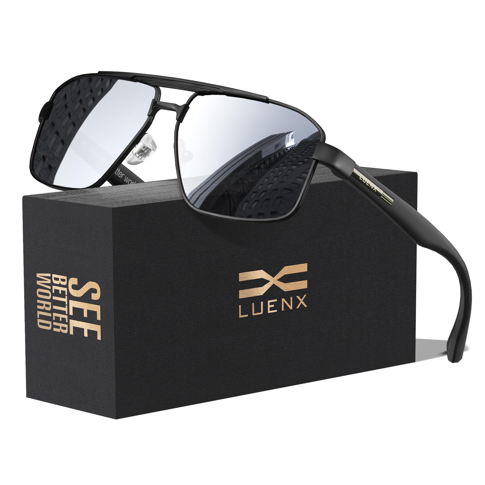 LUENX Aviator Sunglasses for Men Square Polarized Polygon Lens - UV 400 Protection