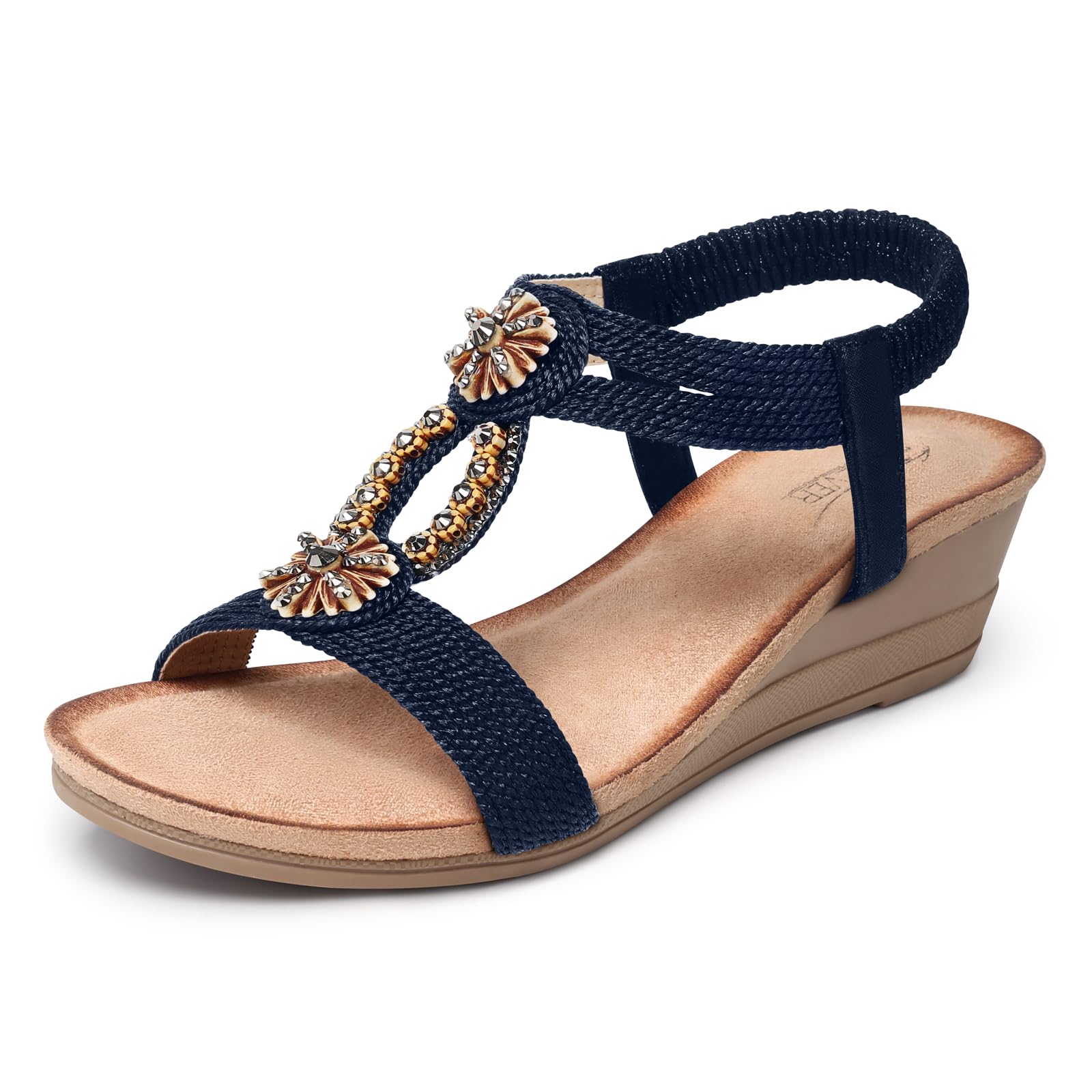 SHIBEVER Womens Wedge Sandals Flower Low Heel Dressy Sandals Elastic Ankle Strap Rhinestone Summer Comfortable Shoe