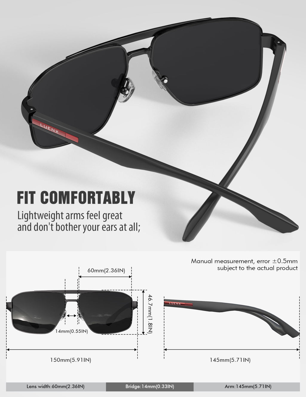 LUENX Aviator Sunglasses for Men Square Polarized Polygon Lens - UV 400 Protection
