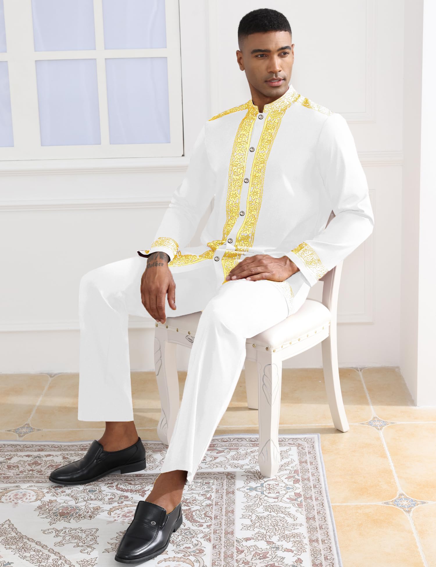 Mens African 2 Piece Set Nigerian Dashiki Metallic Traditional Suit Gold Stamp Printed Shirt and Pants Outfit