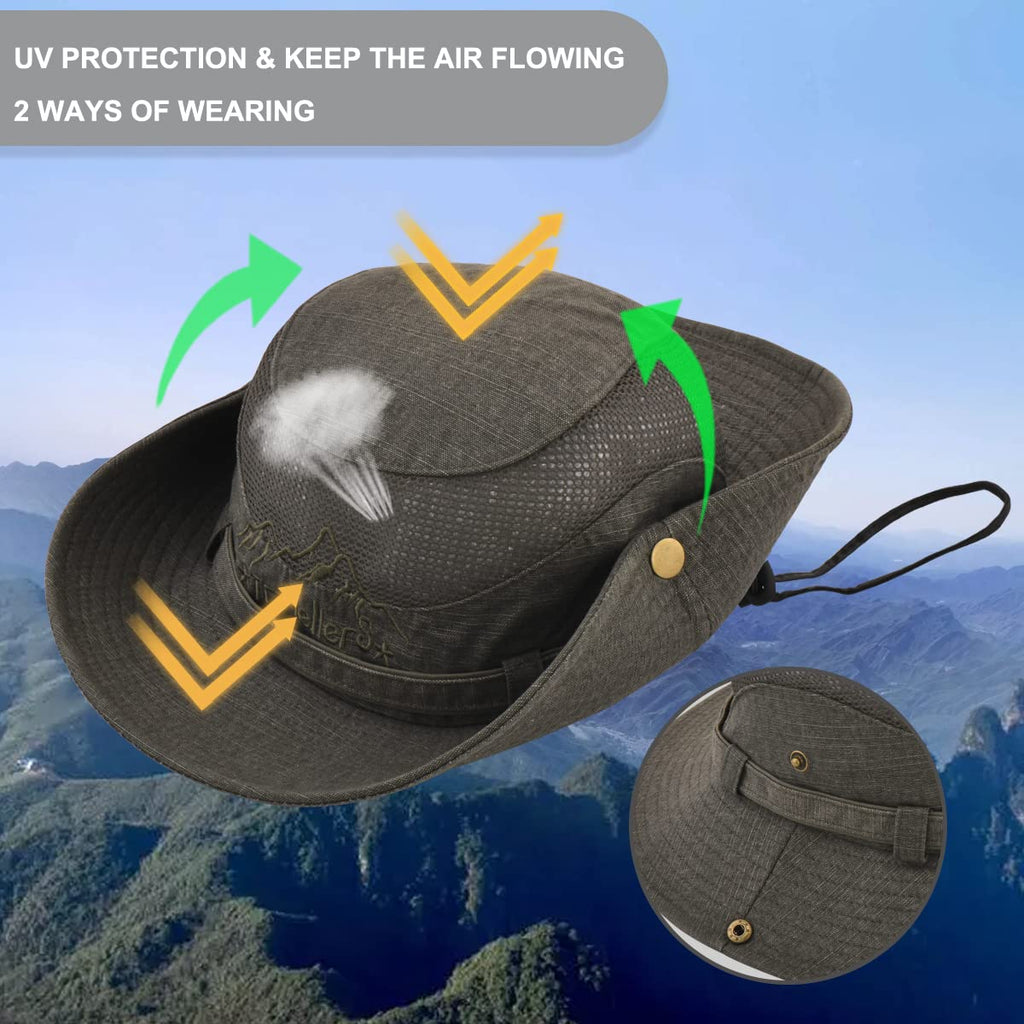 Sun Hat for Men, Cotton Embroidery Summer Outdoor Sun Protection Wide Brim Bucket Hat Foldable Safari Boonie Hat