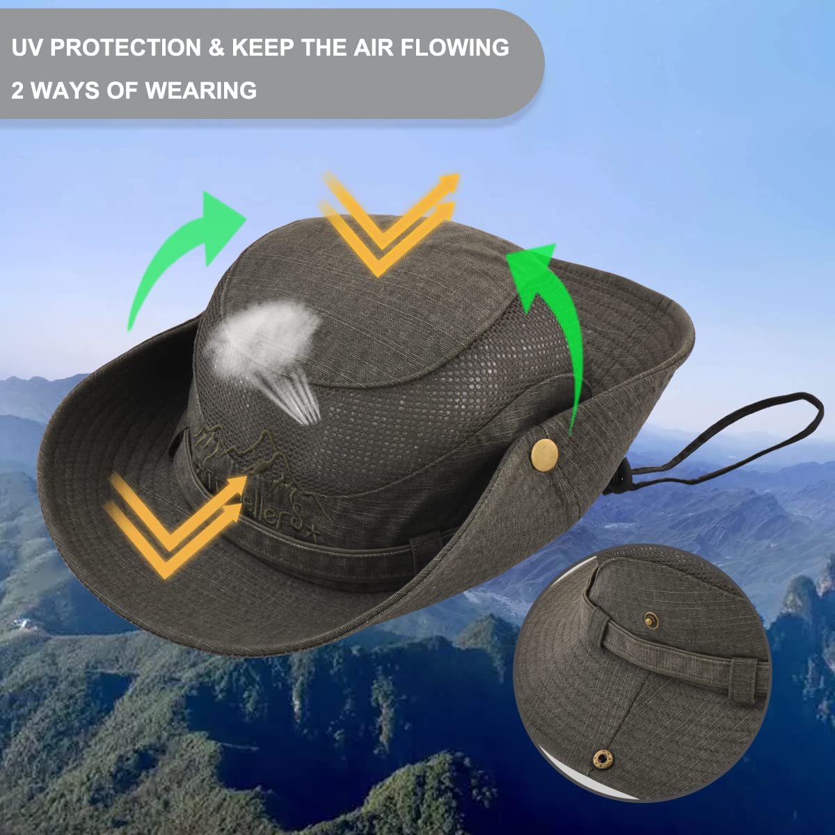 Sun Hat for Men, Cotton Embroidery Summer Outdoor Sun Protection Wide Brim Bucket Hat Foldable Safari Boonie Hat