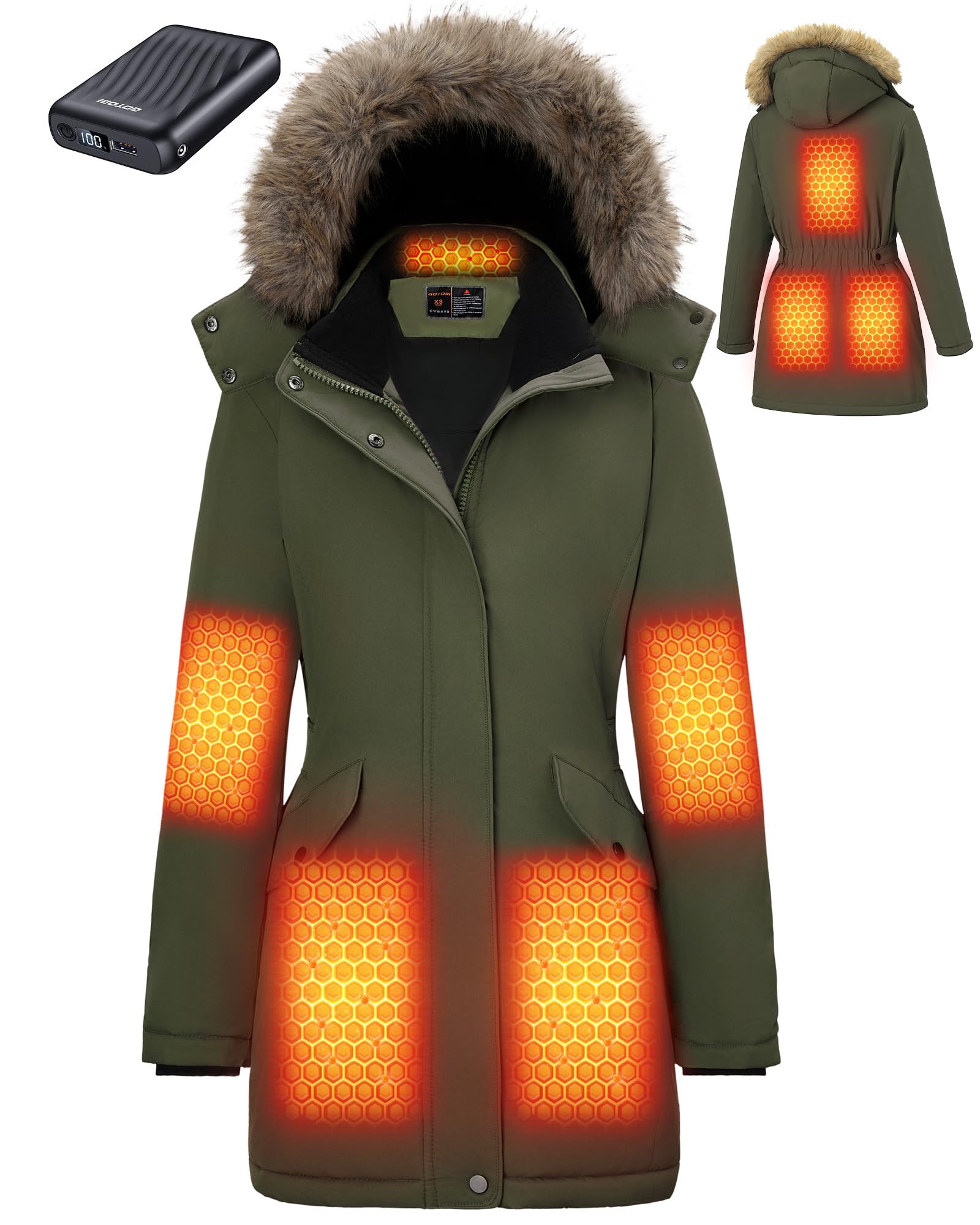 Graphene Long Heated Jacket for Women with 18400mAh 12V Battery Pack, Womens Parka Coat with Faux Fur Detachable Hood