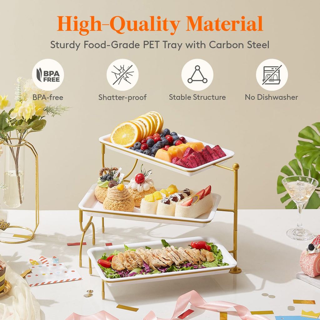 Lifewit 3 Tier Serving Tray for Party, 12" x 6.5" Plastic Tiered Food Serving Platters, White Rotatable Tiered Tray Stand with Gold Collapsible Metal Stand, Dessert Table Display Set for Buffet