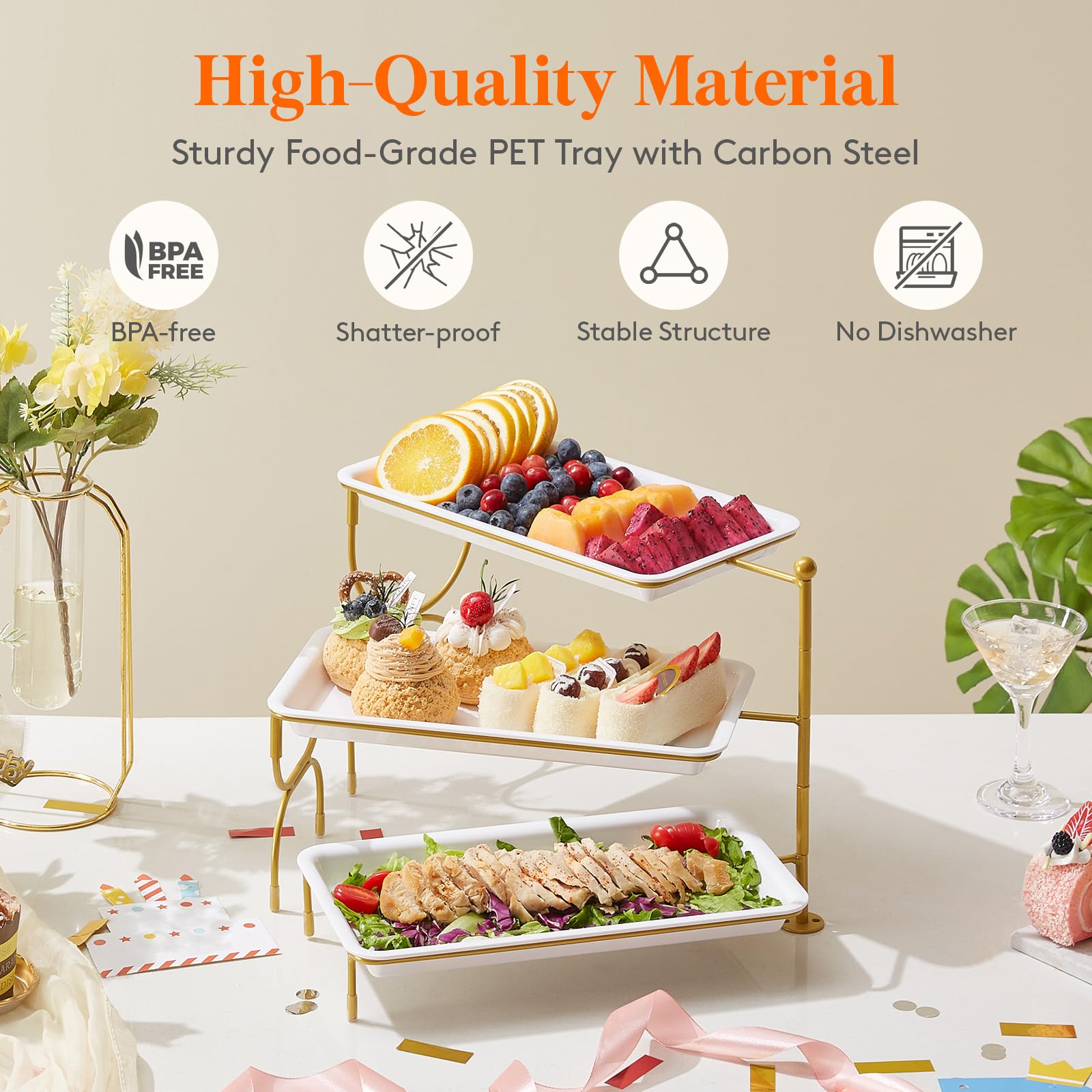 Lifewit 3 Tier Serving Tray for Party, 12" x 6.5" Plastic Tiered Food Serving Platters, White Rotatable Tiered Tray Stand with Gold Collapsible Metal Stand, Dessert Table Display Set for Buffet
