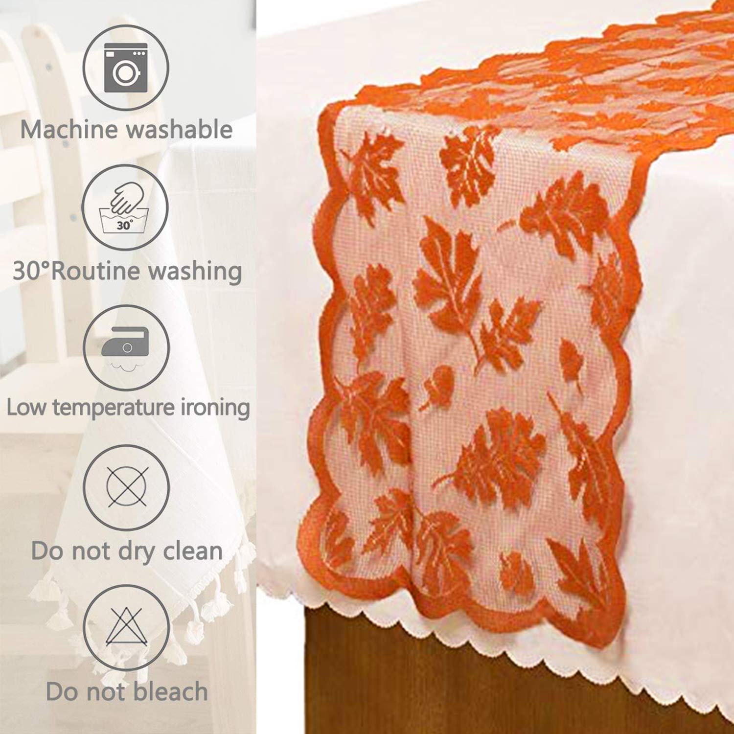 Fall Table Runner Decorations 13 x 72 Inch Maples Leaves Table Runner Fall Table Decor Autumn Harvest Orange Lace Runner Brow Long Thanksgiving Decorations for Home Tables Dinner (Brown)