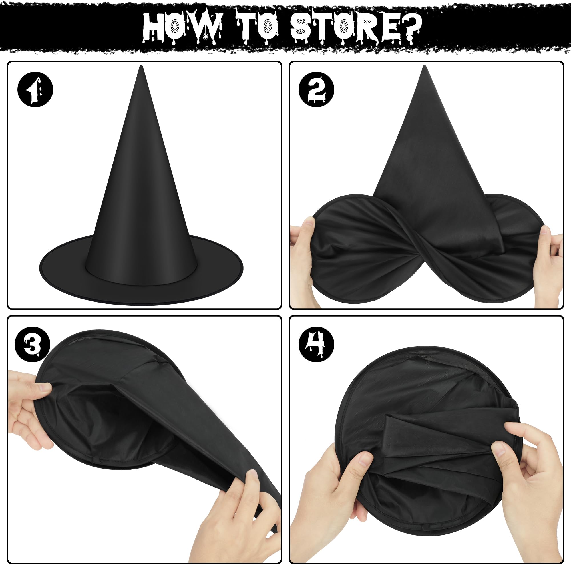 12 PCS Halloween Witch Hats, Black Hanging Witch Hat, Witch Costume Accessories Witches Hat with 328 FT Nylon Cord Wizard Hats Indoor Outdoor Halloween Decorations for Home Yard Porch Ceiling