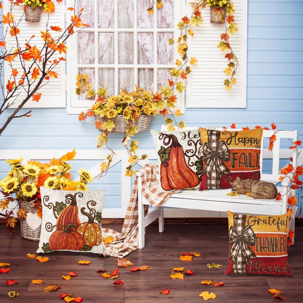 4pcs Fall Thanksgiving Pillow Covers 18x18in, Pumpkin Happy Fall Thankful Grateful Blessed Harvest Leaves Decorations Autumn Seasonal Throw Cushion Case for Farmhouse Home Sofa Couch