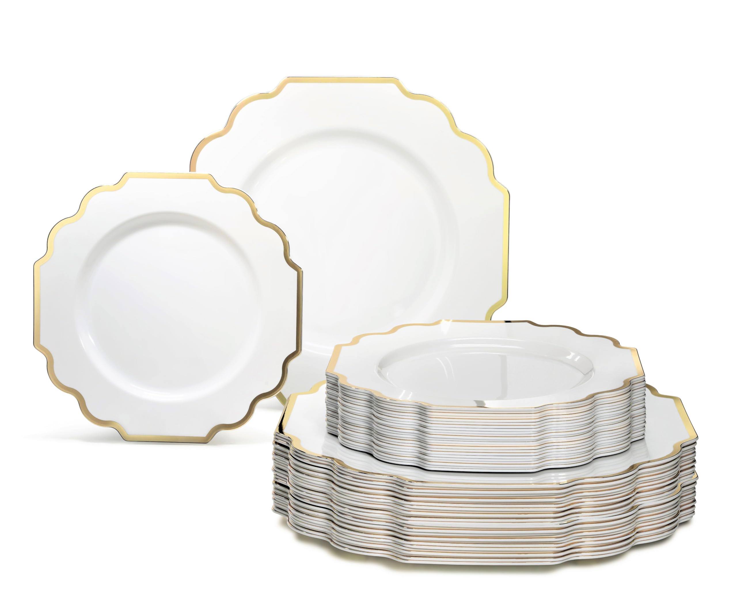 " OCCASIONS " 50 Plates Pack (25 Guests)-Heavyweight Wedding Party Disposable Plastic Plate Set -(25x10.5'' Dinner + 25x8'' Salad/Dessert) (Imperial White & Gold)