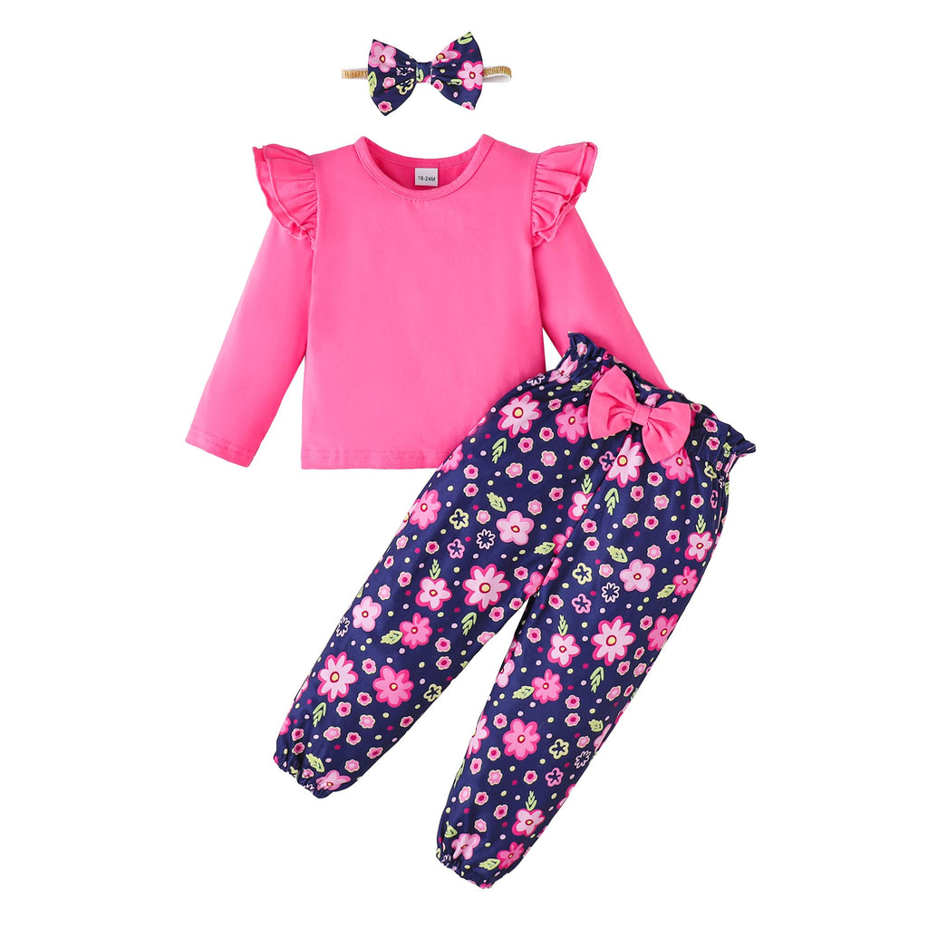 YALLET 3Pcs Toddler Girl Clothes Solid Color Long Sleeves Ruffle Top+Floral Pants+Headband 1-6 Years Fall/Winter Outfits Set