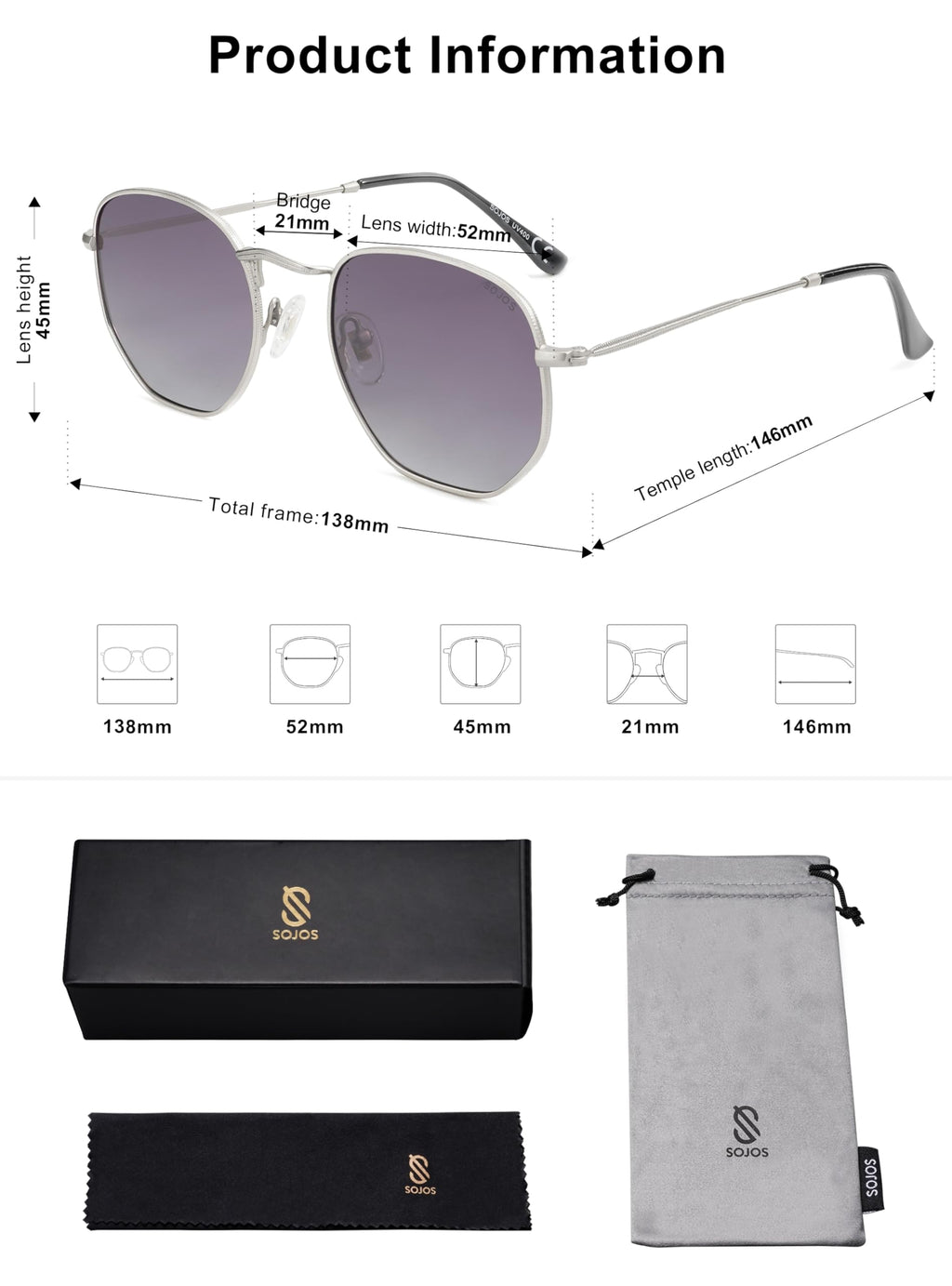 SOJOS Square Polarized Sunglasses for Women Men Small Hexagonal Polygon Shades SJ1072