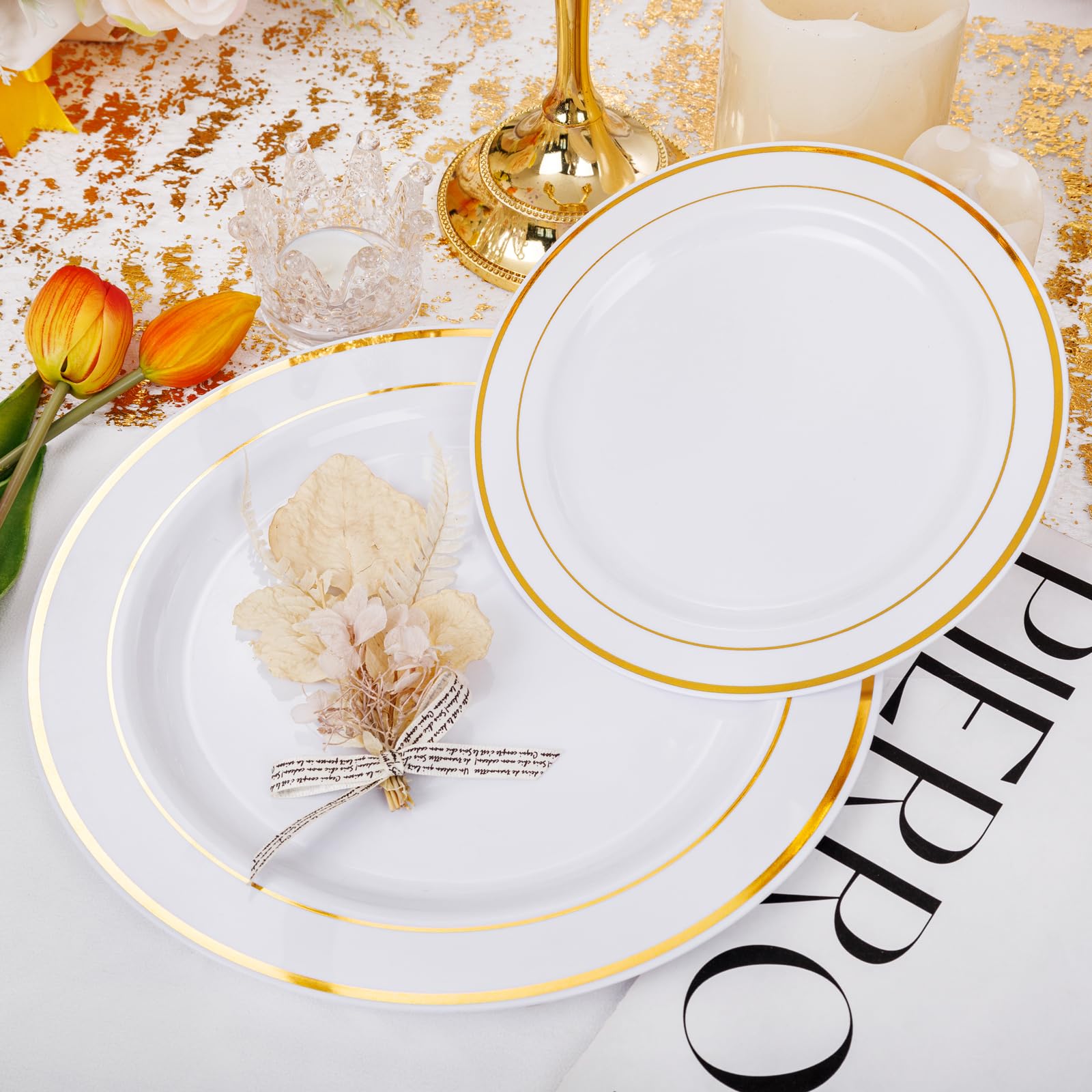 I00000 102 Pieces Gold Plastic Plates, Disposable Party Plates White Gold Rim, 51 Disposable Gold Dinner Plates 10.25 Inch and 51 Disposable Dessert Appetizer Elegant Fancy Wedding Plates 7.5 Inch